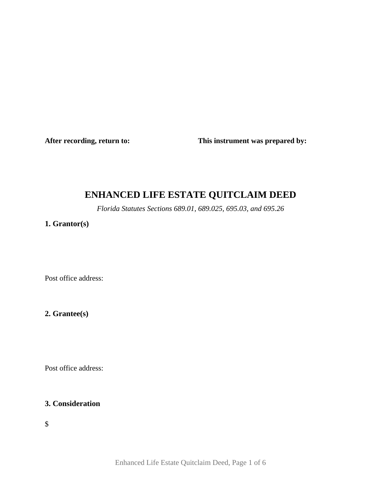 Florida Enhanced Life Estate Quitclaim Deed