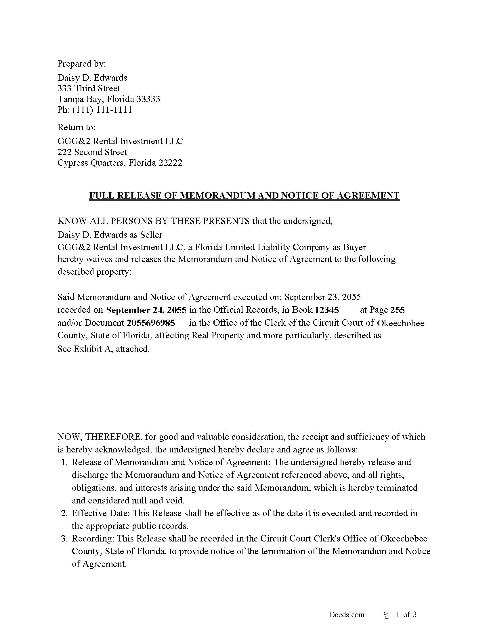 Full Release of Memorandum and Notice of Agreement