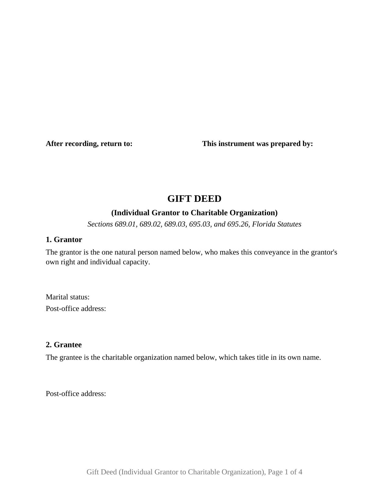 Florida Gift Deed (Individual Grantor to Charitable Organization)