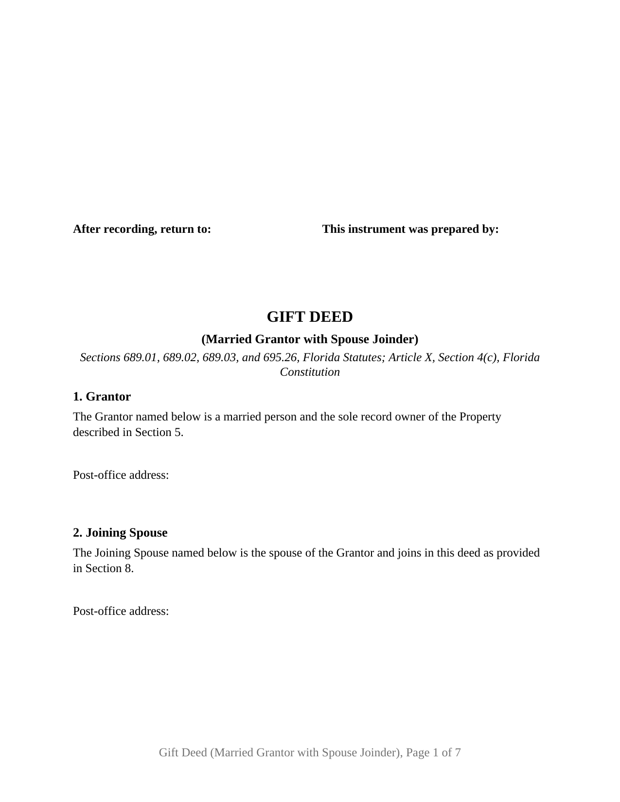 Florida Gift Deed (Married Grantor with Spouse Joinder)