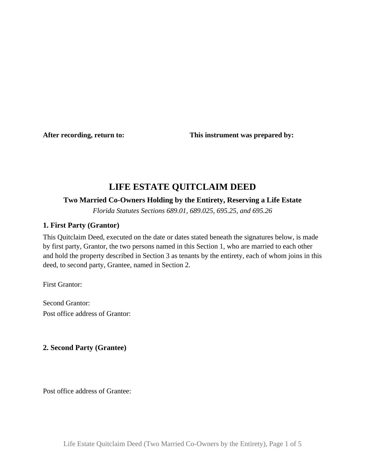 Florida Life Estate Quitclaim Deed (Two Married Co-Owners Holding by the Entirety)
