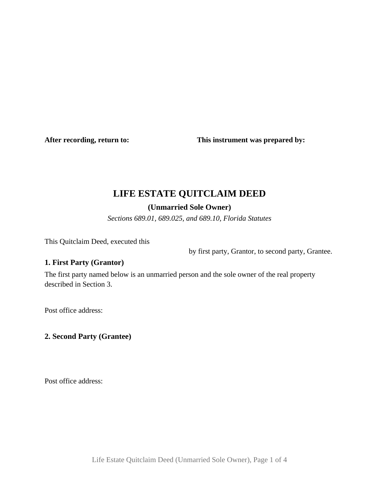 Florida Life Estate Quitclaim Deed (Unmarried Sole Owner)
