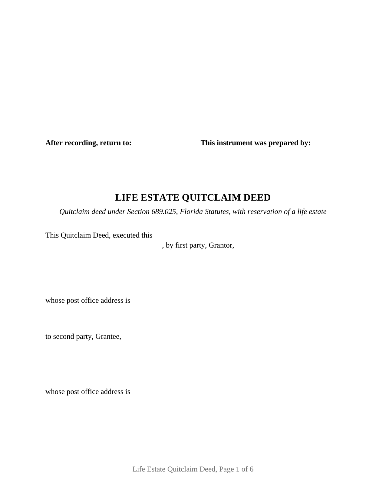 Florida Life Estate Quitclaim Deed