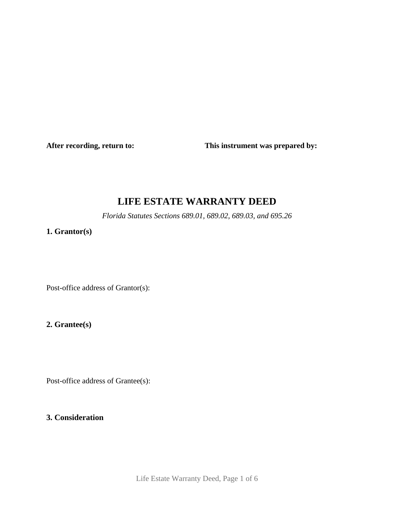 Florida Life Estate Warranty Deed