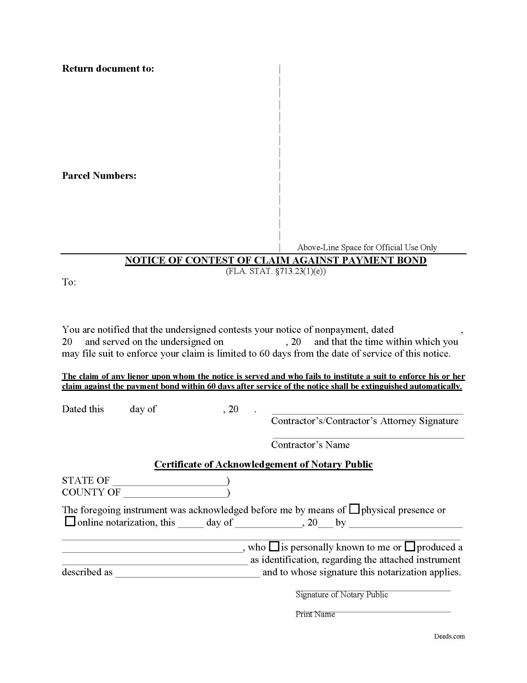 Notice of Contest of Claim Against Payment Bond