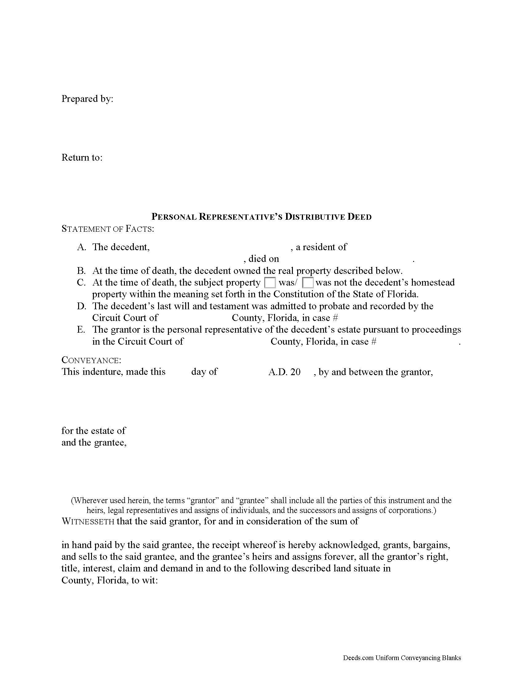 Florida Personal Representative Deed (Testate)