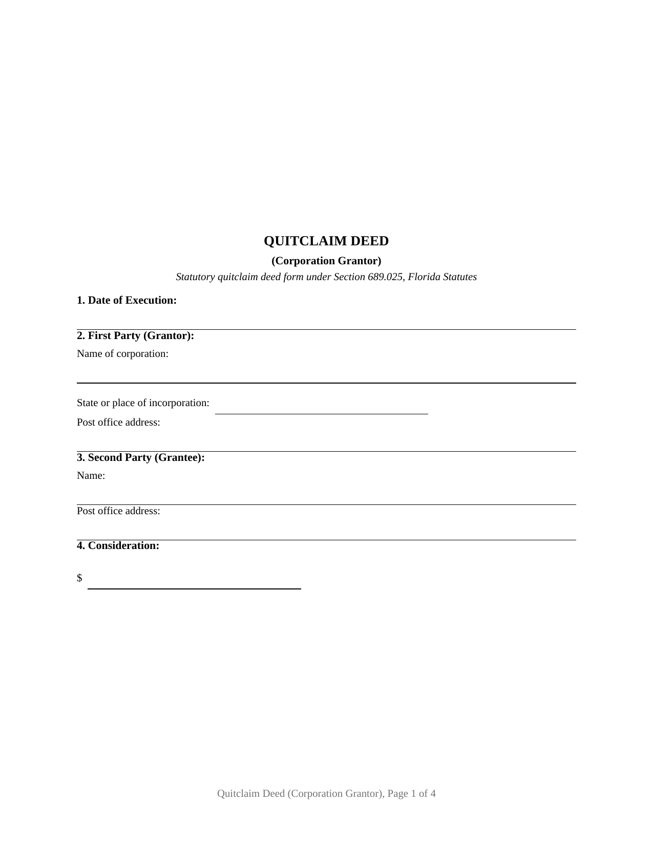 Florida Quitclaim Deed (Corporation Grantor)