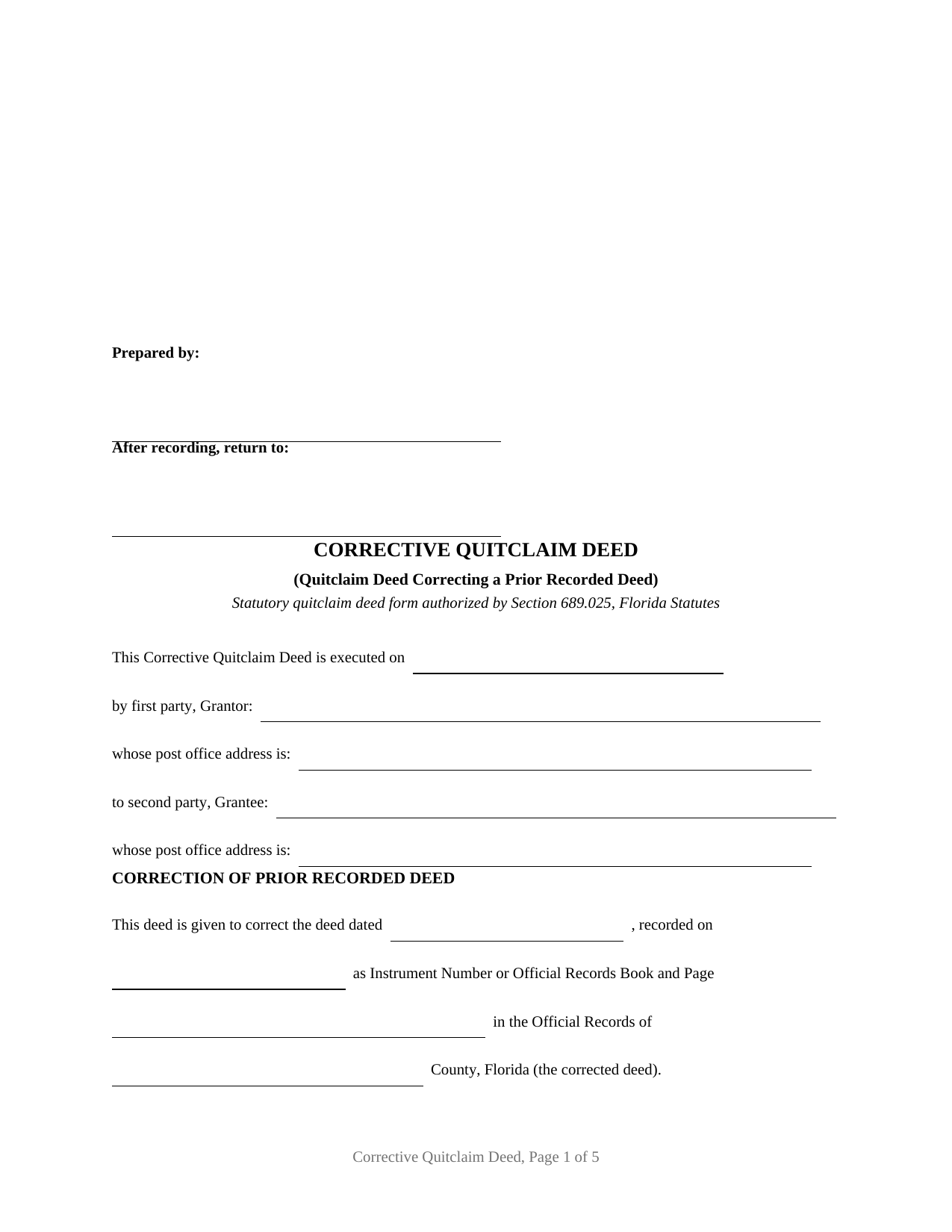 Florida Quitclaim Deed (Corrective)