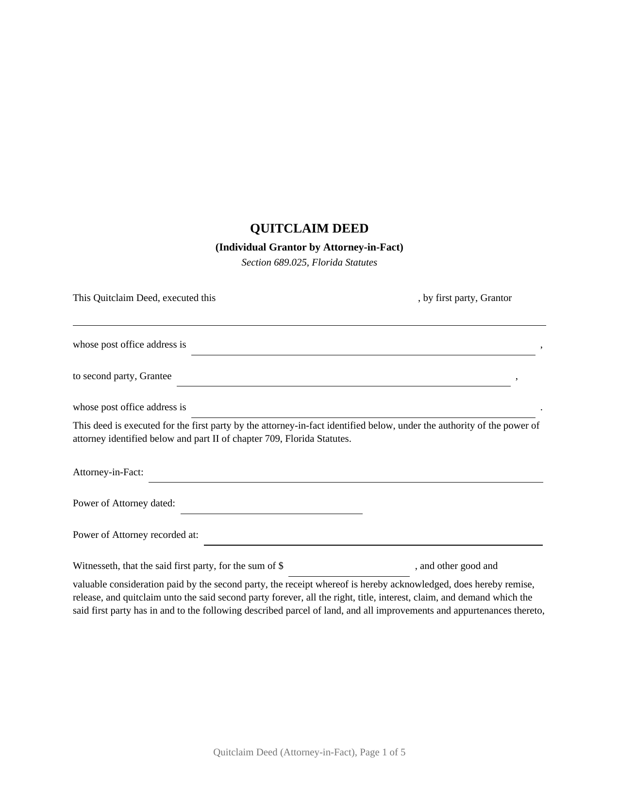 Florida Quitclaim Deed (Individual Grantor by Attorney-in-Fact)