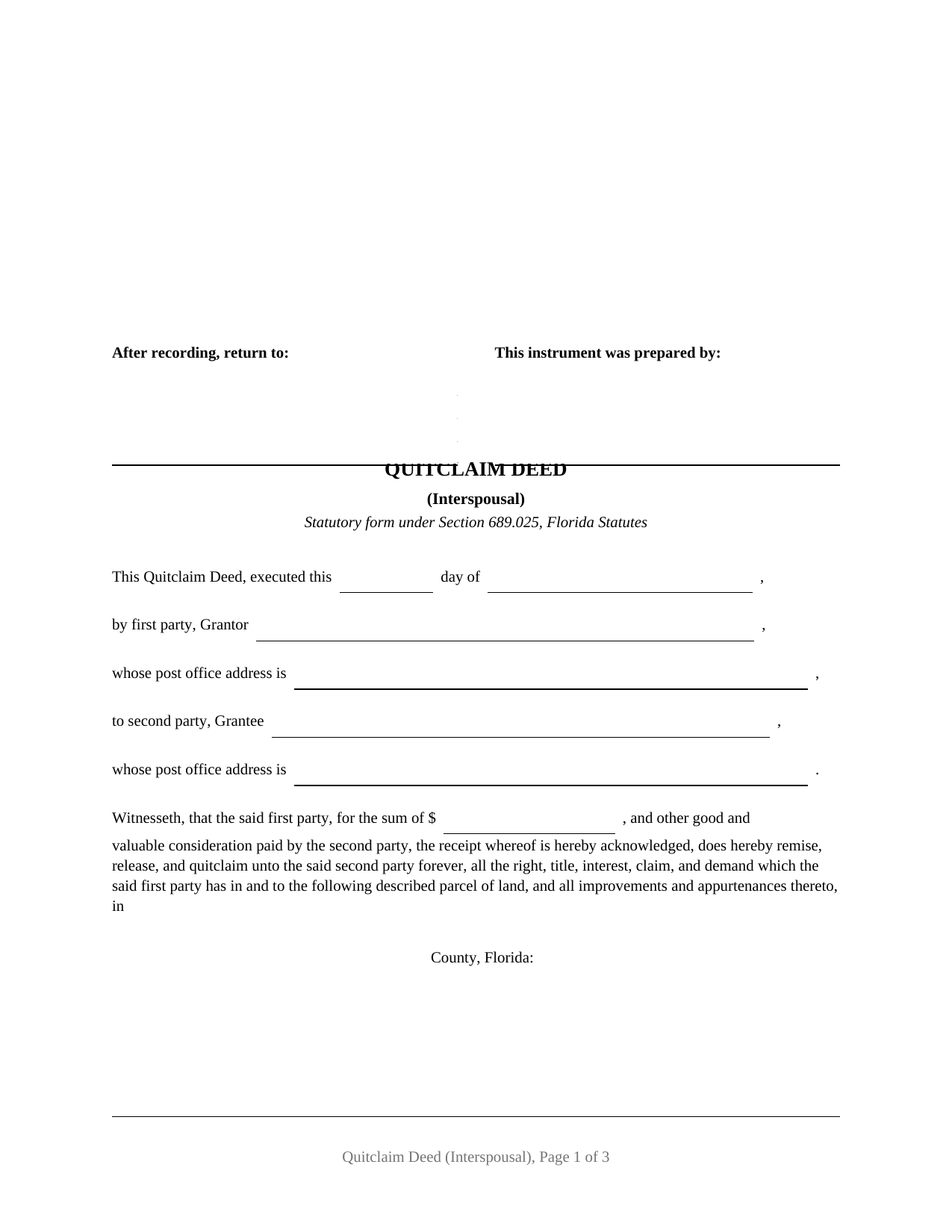Florida Quitclaim Deed (Interspousal)
