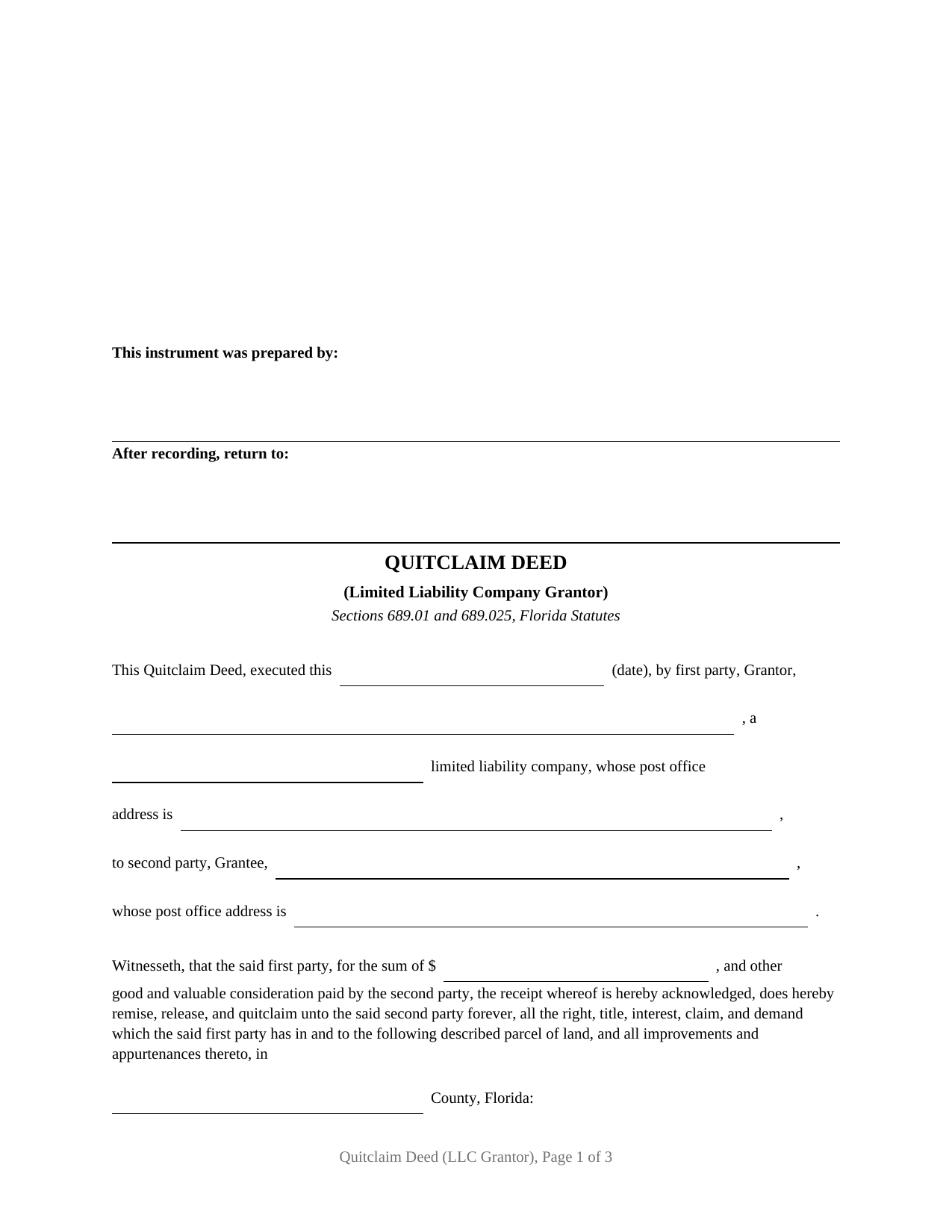 Florida Quitclaim Deed (LLC Grantor)