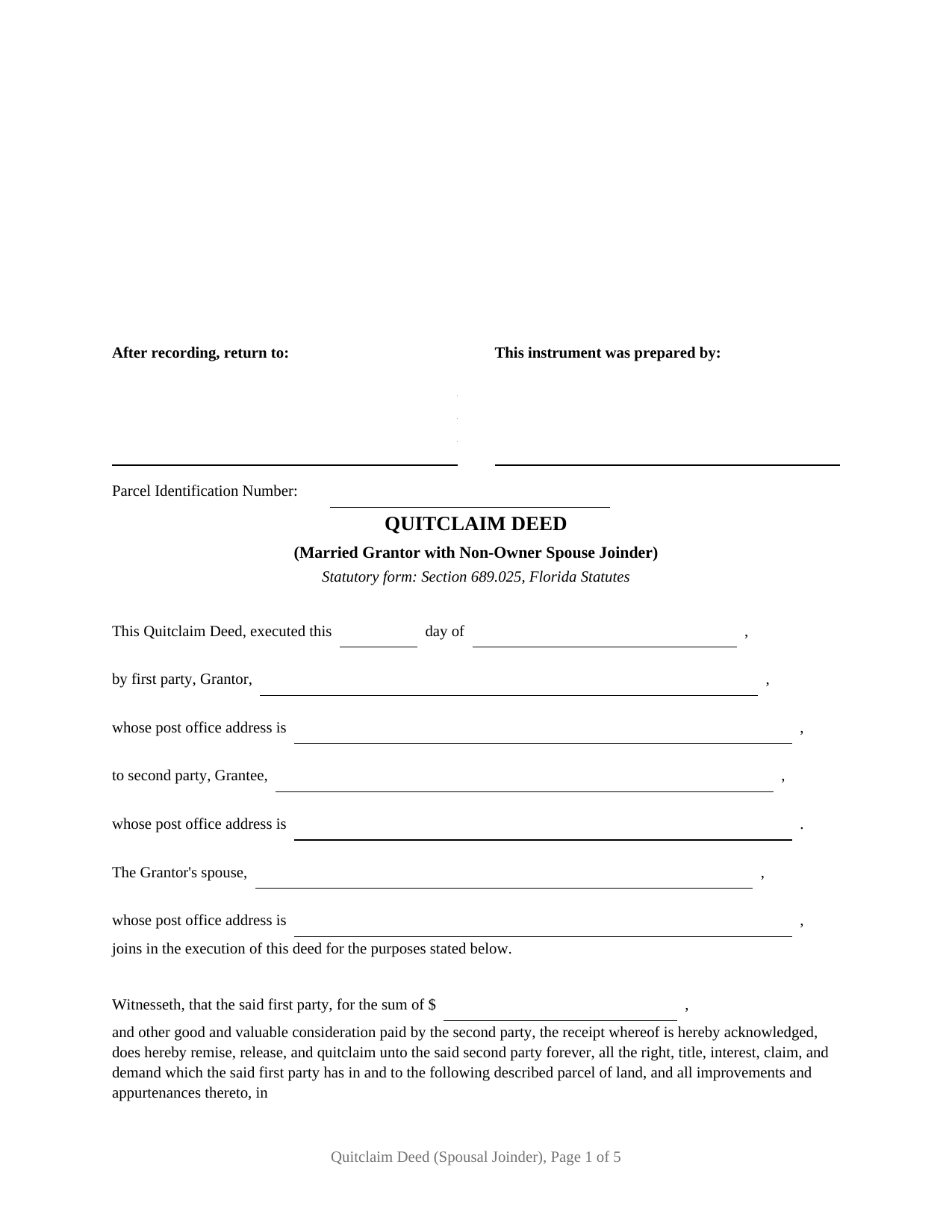 Florida Quitclaim Deed (Married Grantor with Non-Owner Spouse Joinder)