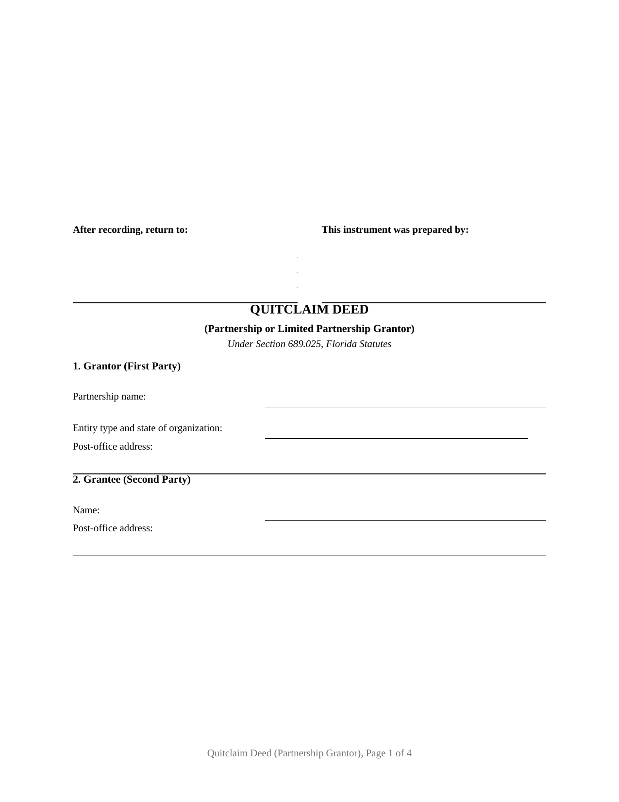 Florida Quitclaim Deed (Partnership or Limited Partnership Grantor)