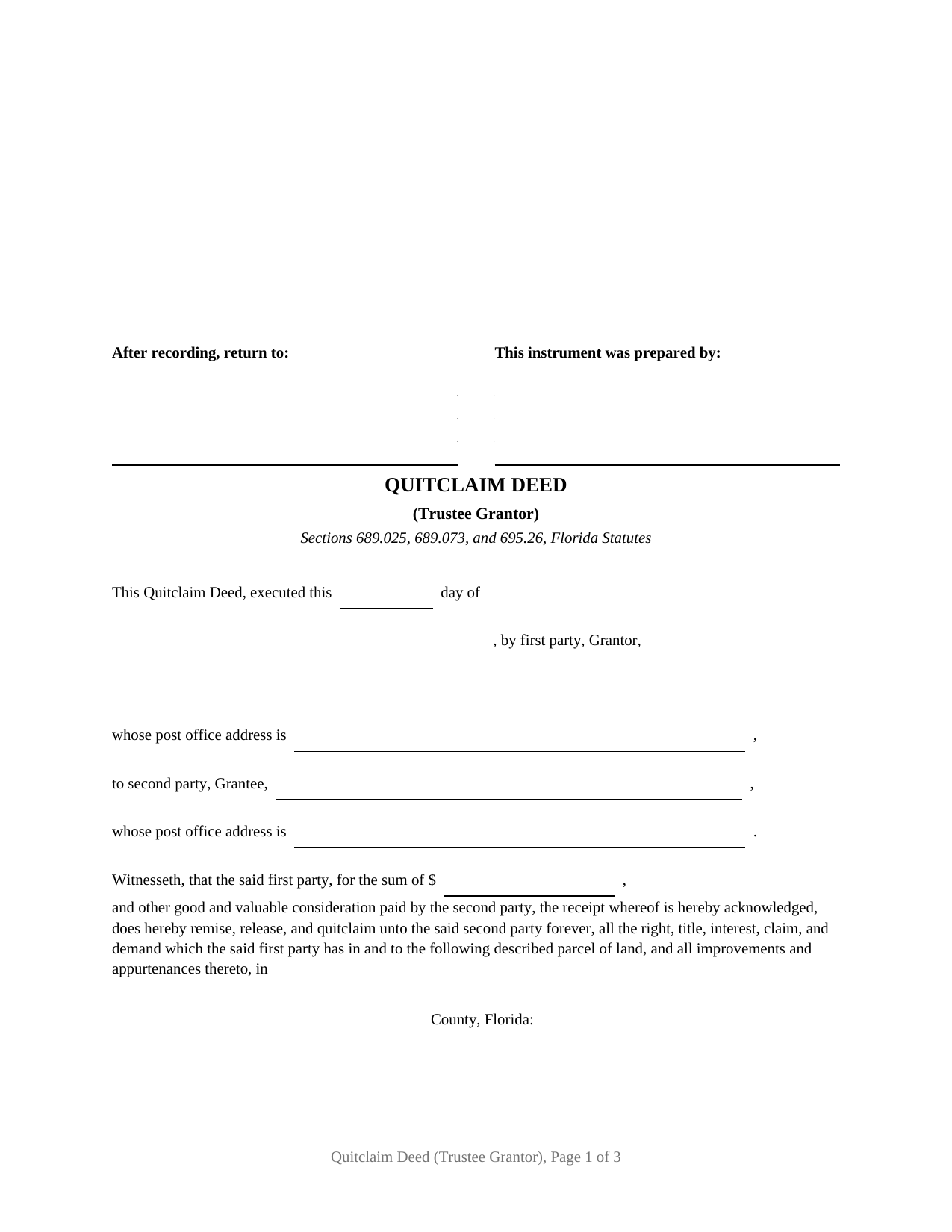 Florida Quitclaim Deed (Trustee Grantor)