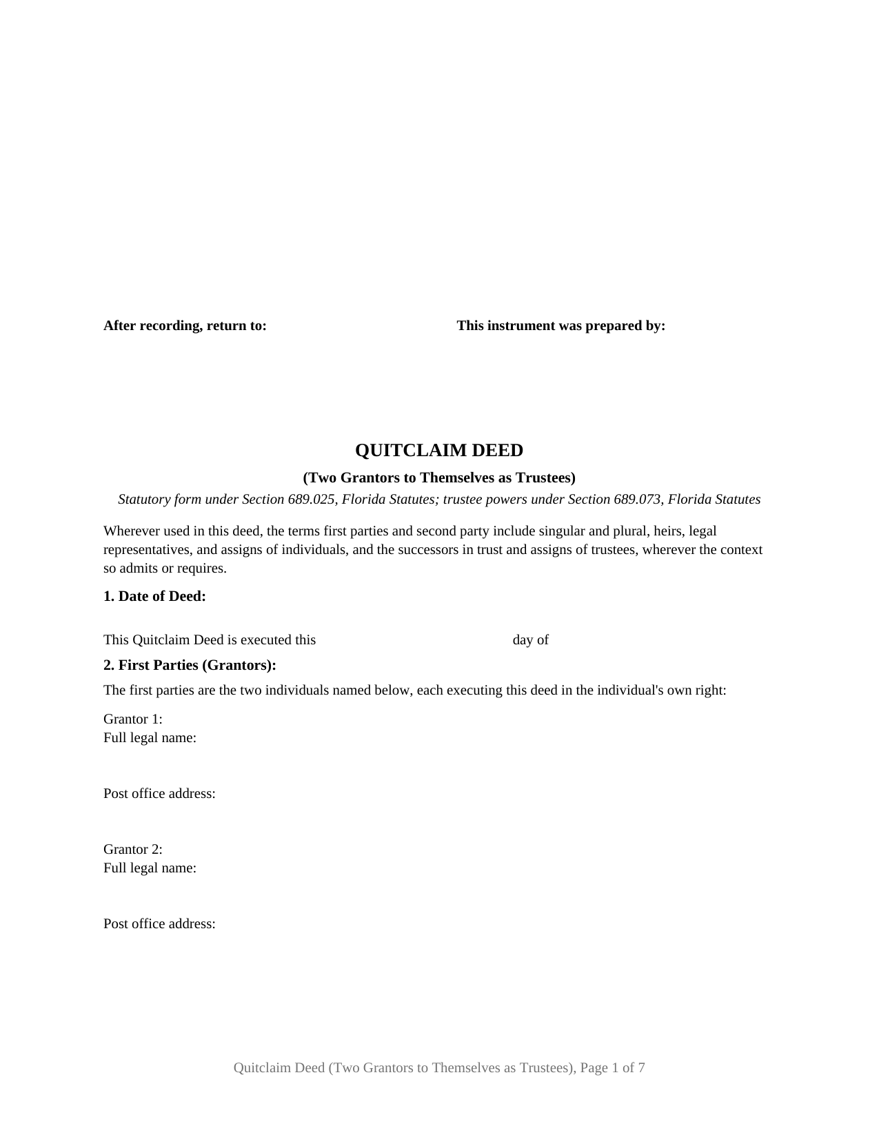 Florida Quitclaim Deed (Two Grantors to Themselves as Trustees)