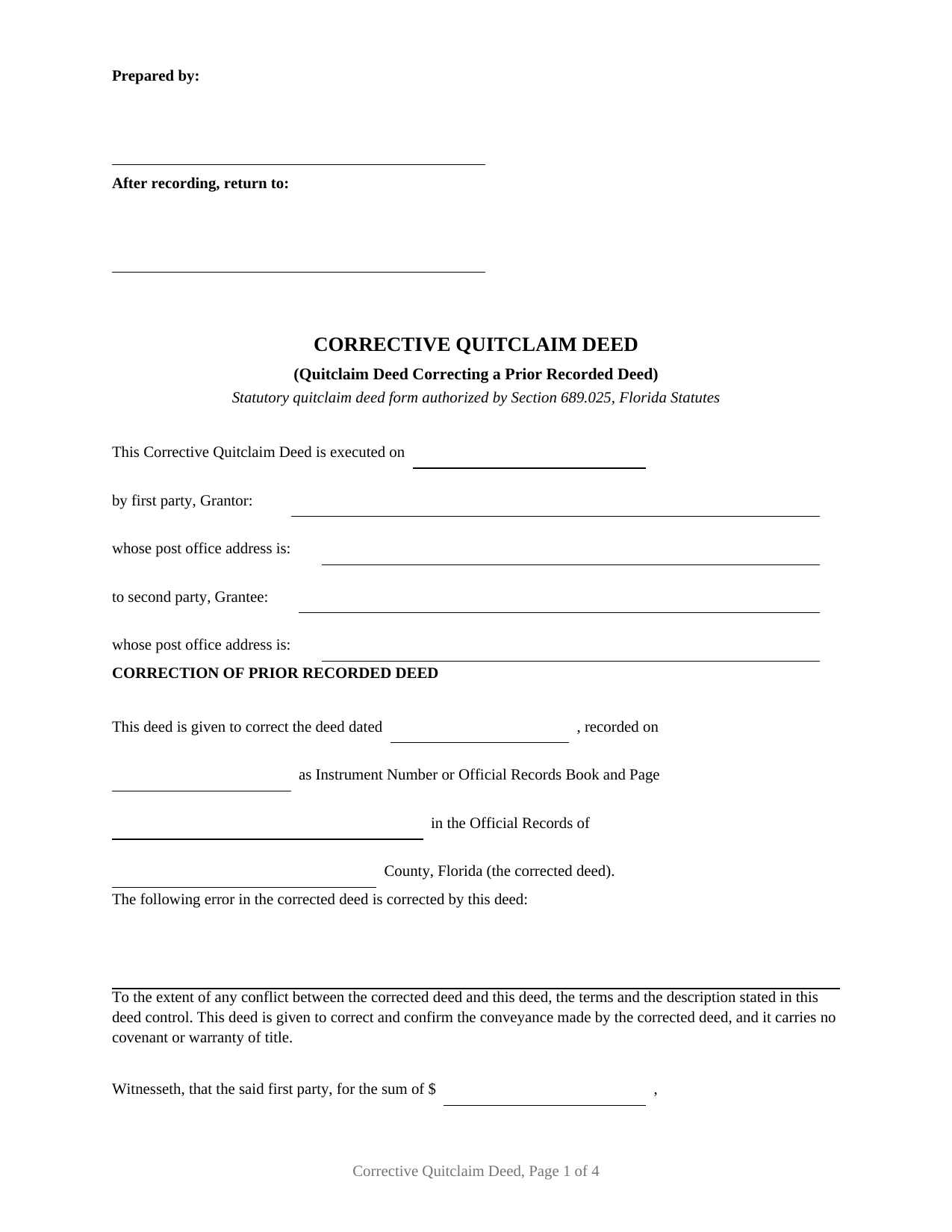 Florida Quitclaim Deed (Corrective)