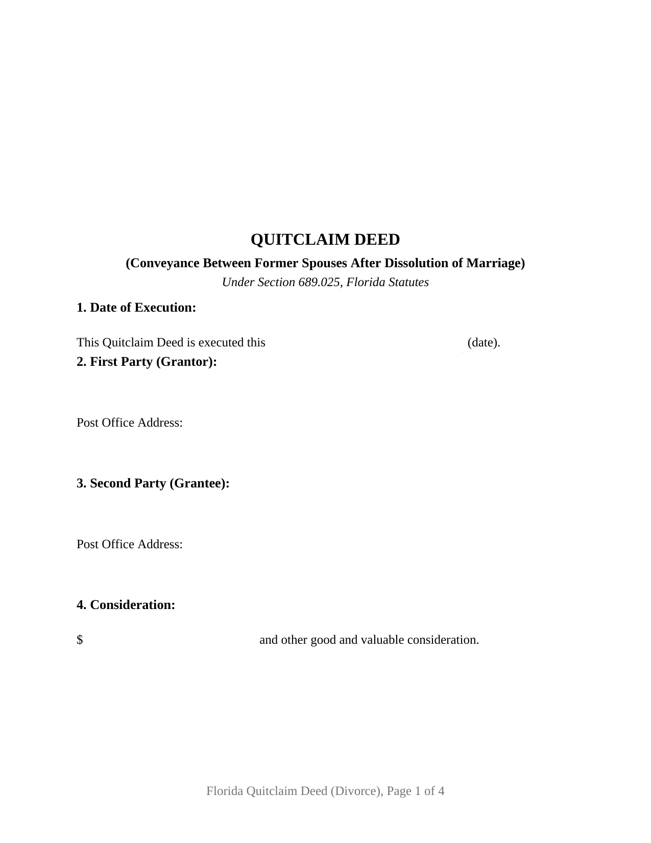 Florida Quitclaim Deed (Divorce)
