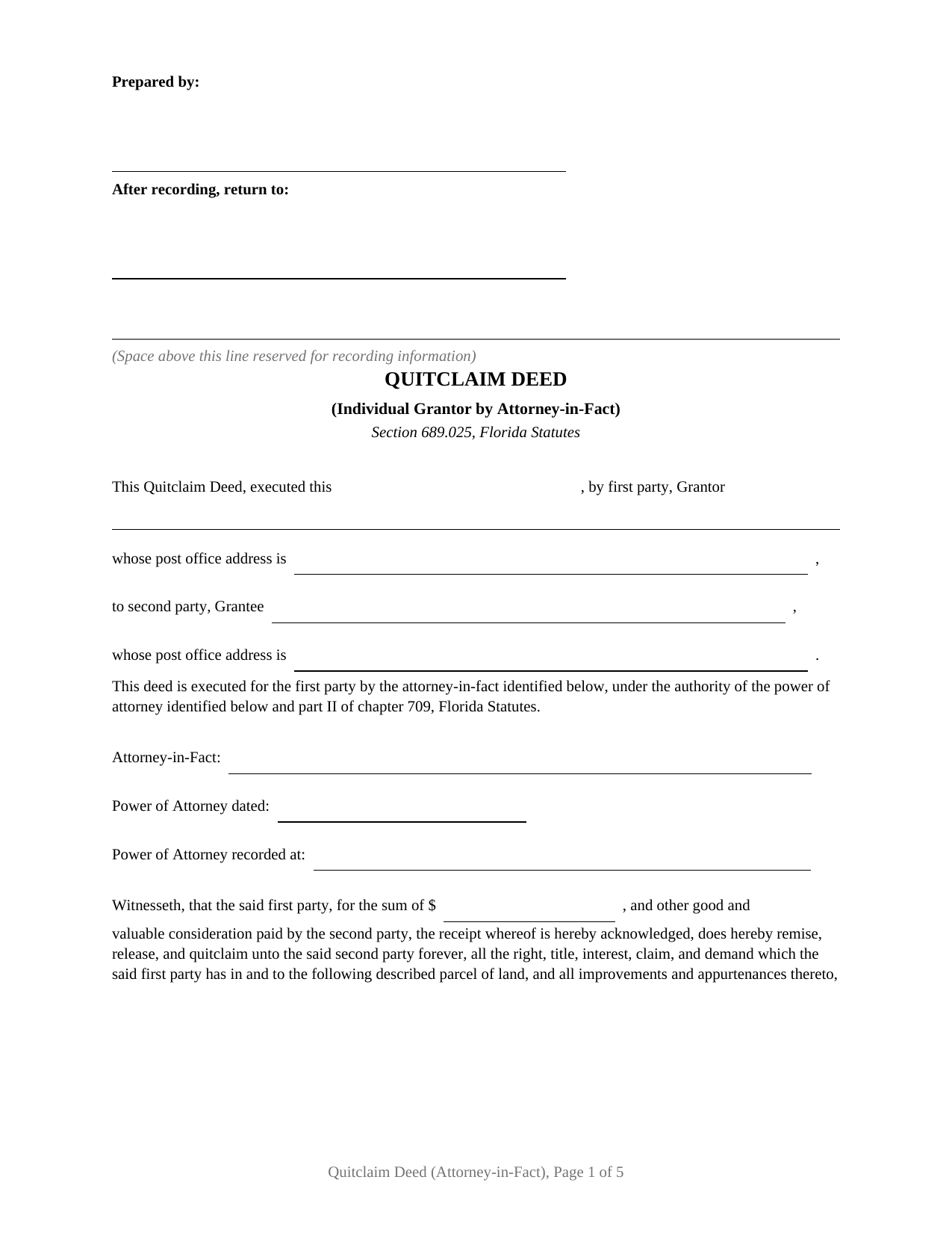 Florida Quitclaim Deed (Individual Grantor by Attorney-in-Fact)