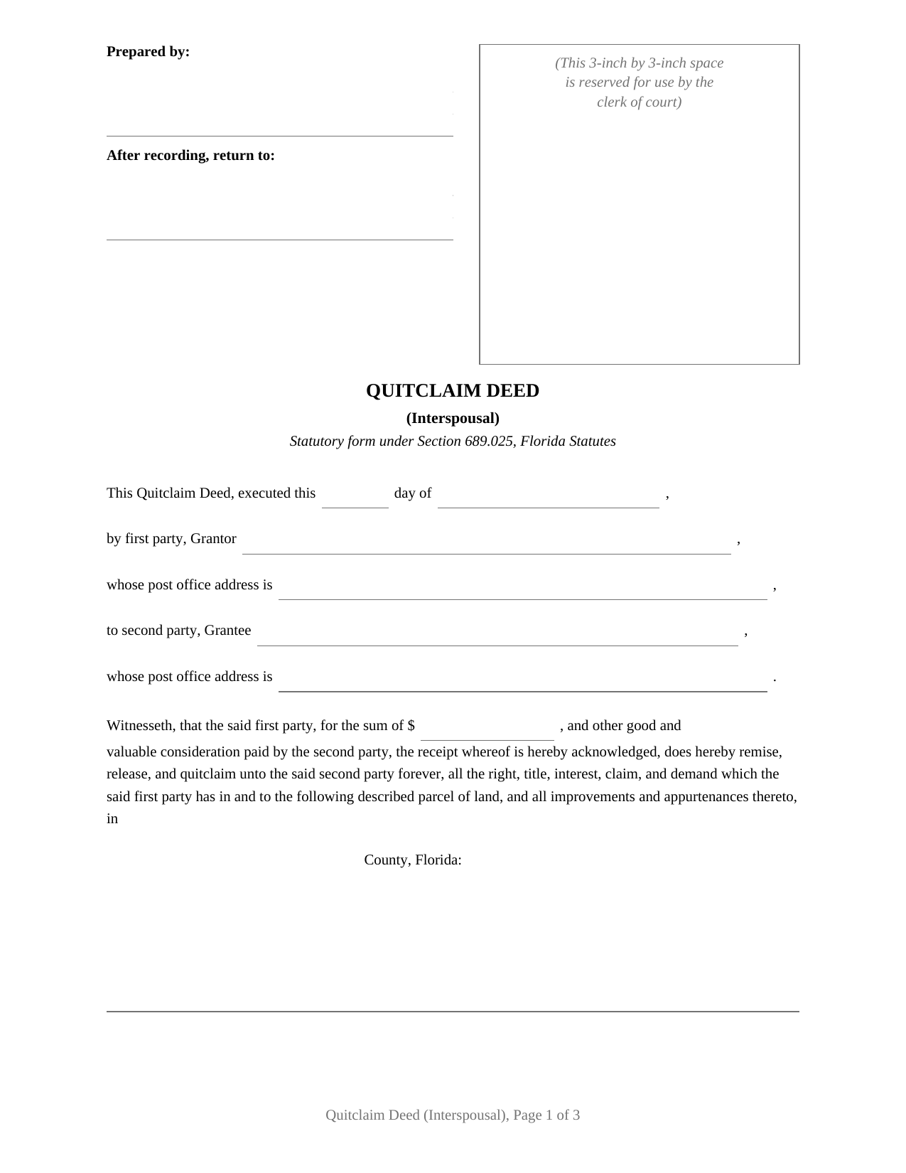 Florida Quitclaim Deed (Interspousal)