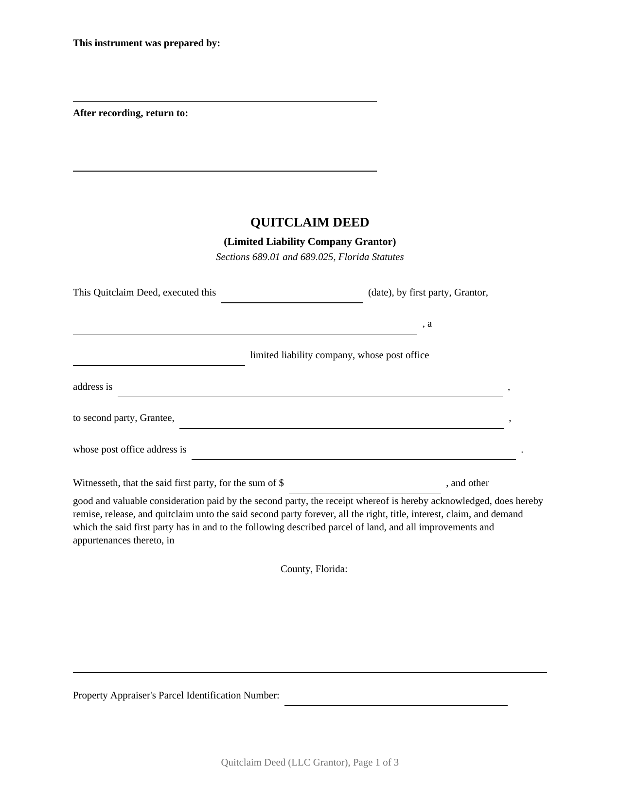 Florida Quitclaim Deed (LLC Grantor)
