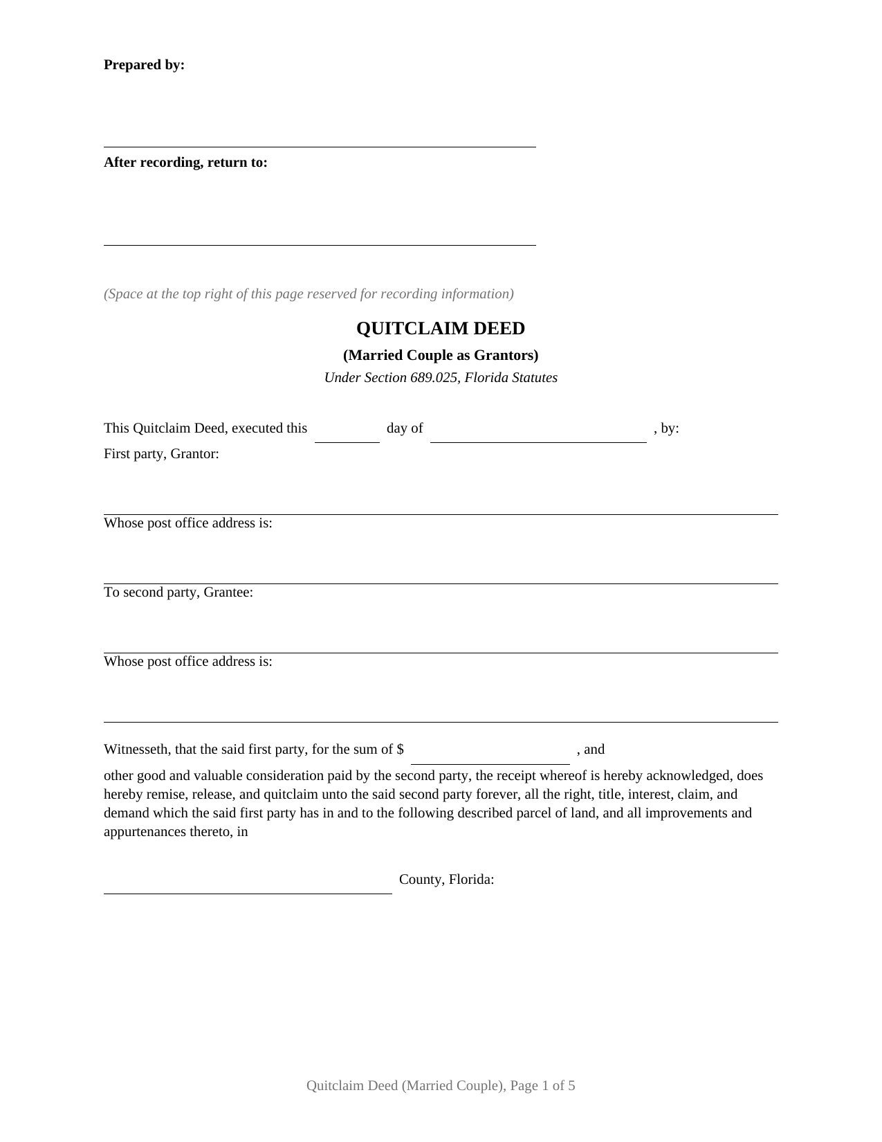 Florida Quitclaim Deed (Married Couple as Grantors)