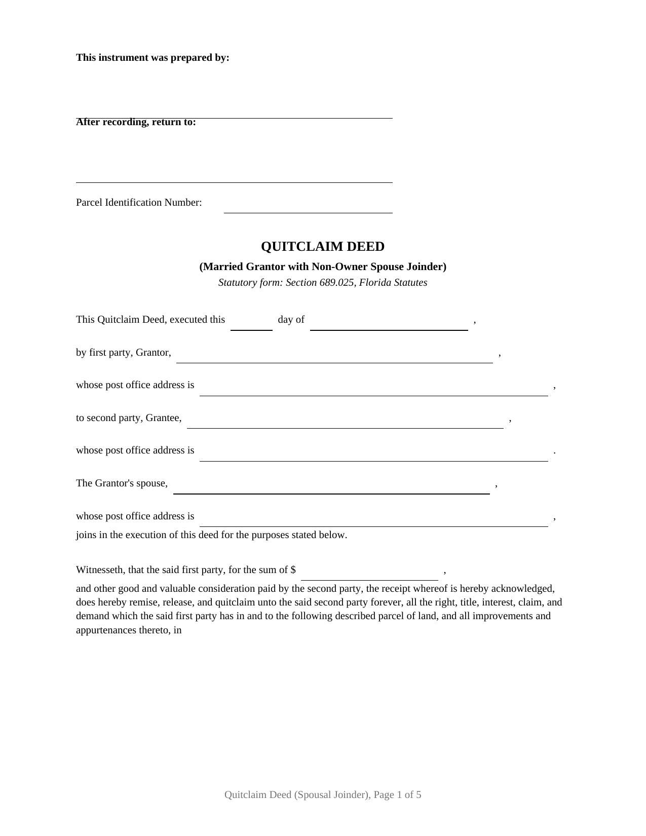 Florida Quitclaim Deed (Married Grantor with Non-Owner Spouse Joinder)