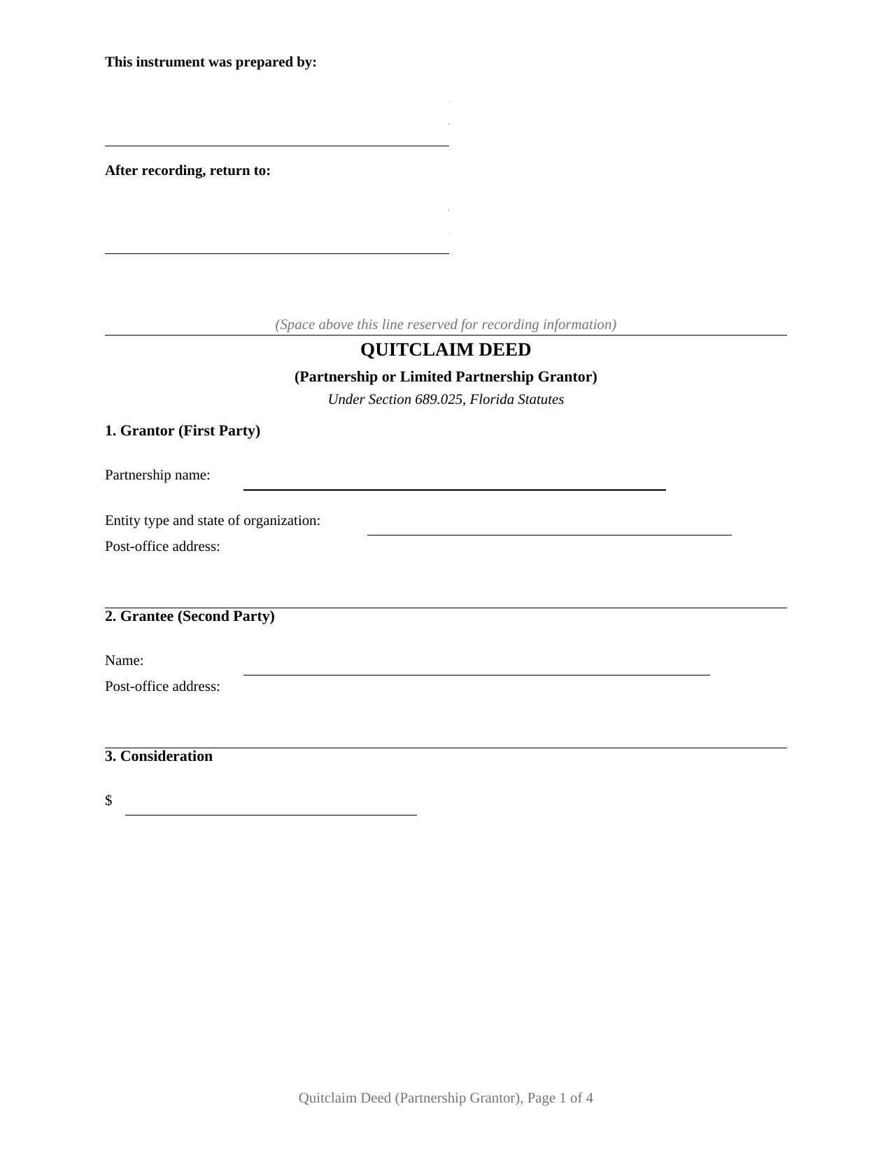 Florida Quitclaim Deed (Partnership or Limited Partnership Grantor)