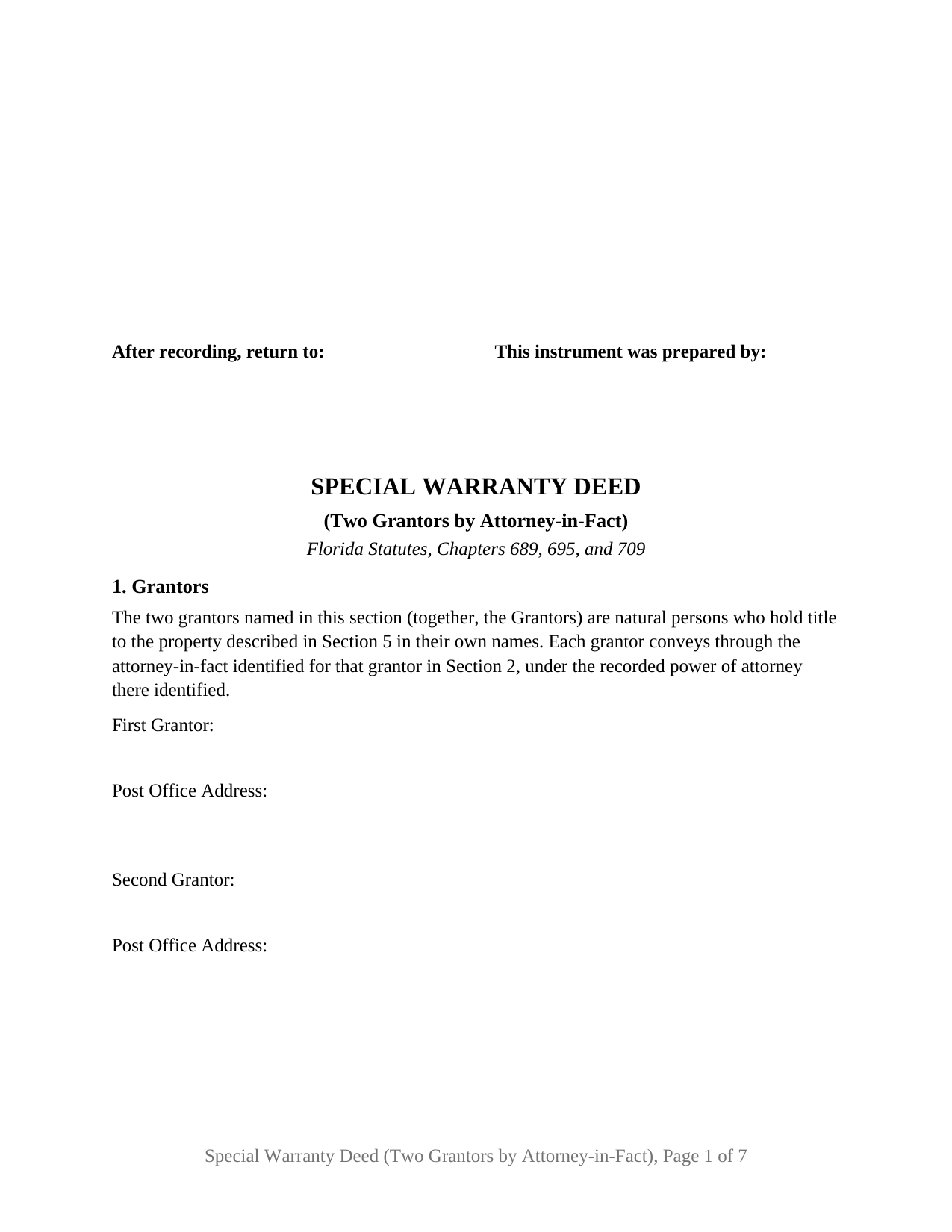 Florida Special Warranty Deed (Two Grantors by Attorney-in-Fact)
