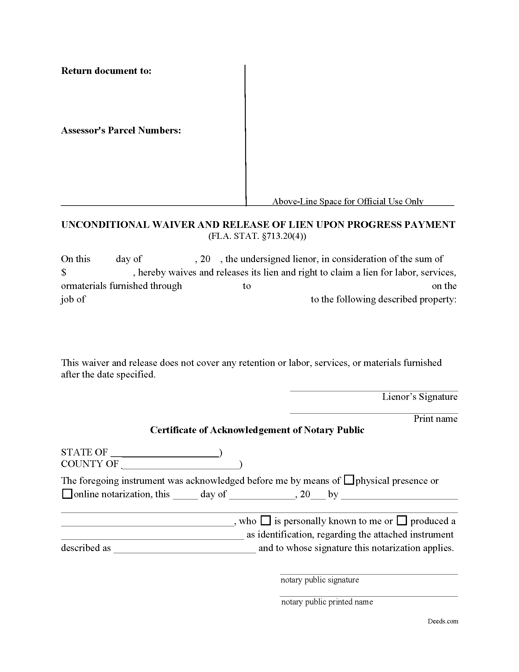 Florida Unconditional Waiver and Release of Lien upon Progress Payment Image
