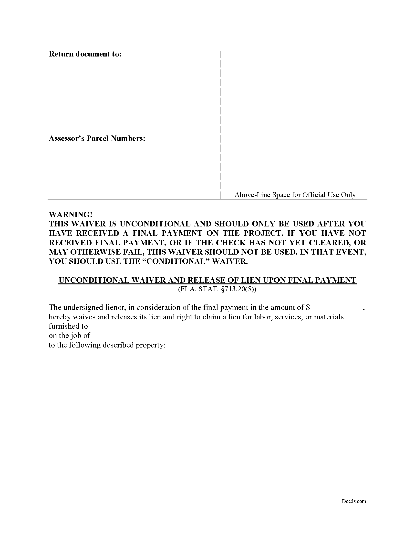 Florida Unconditional Waiver upon Final Payment Image