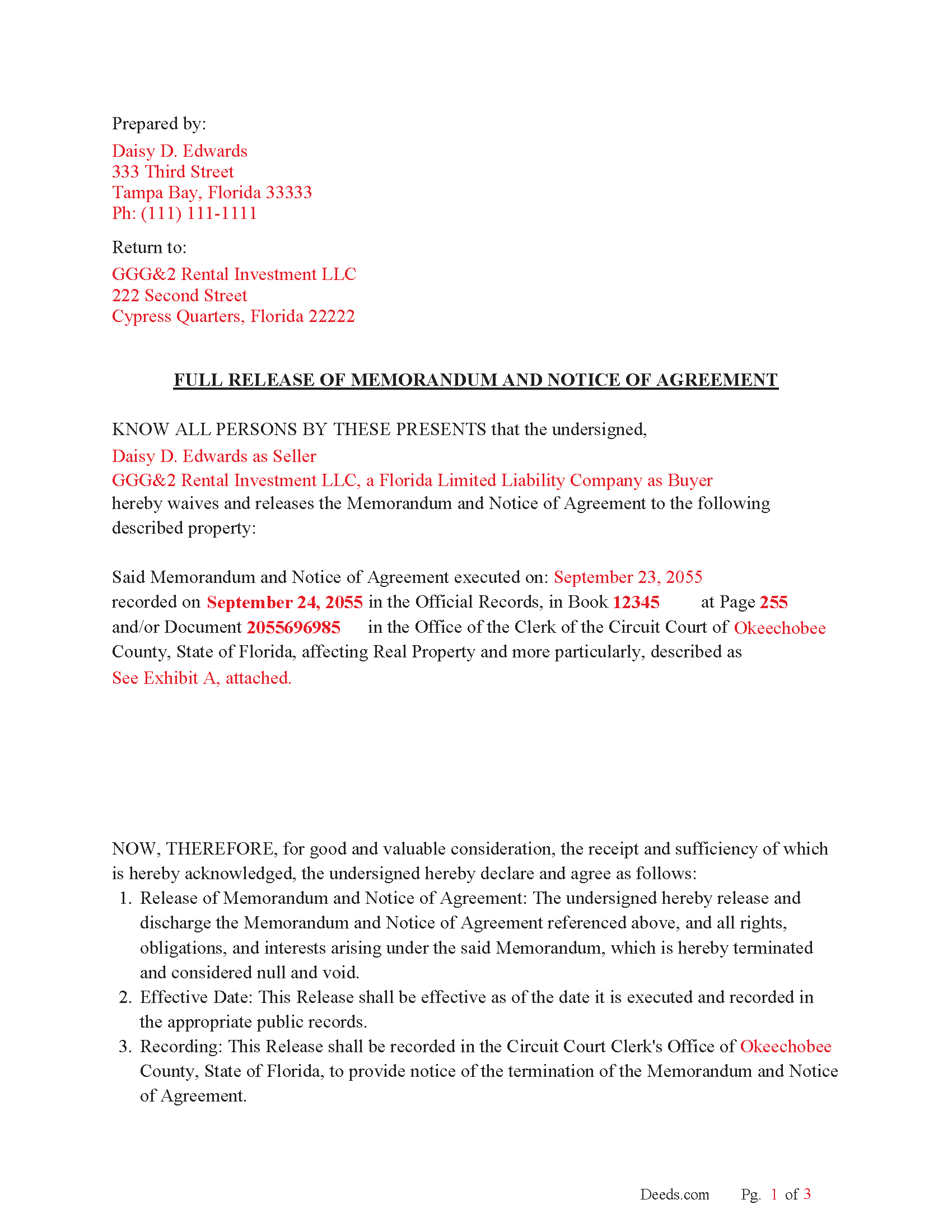 Glades County Completed Example of the Full Release of Memorandum and Notice of Agreement Document