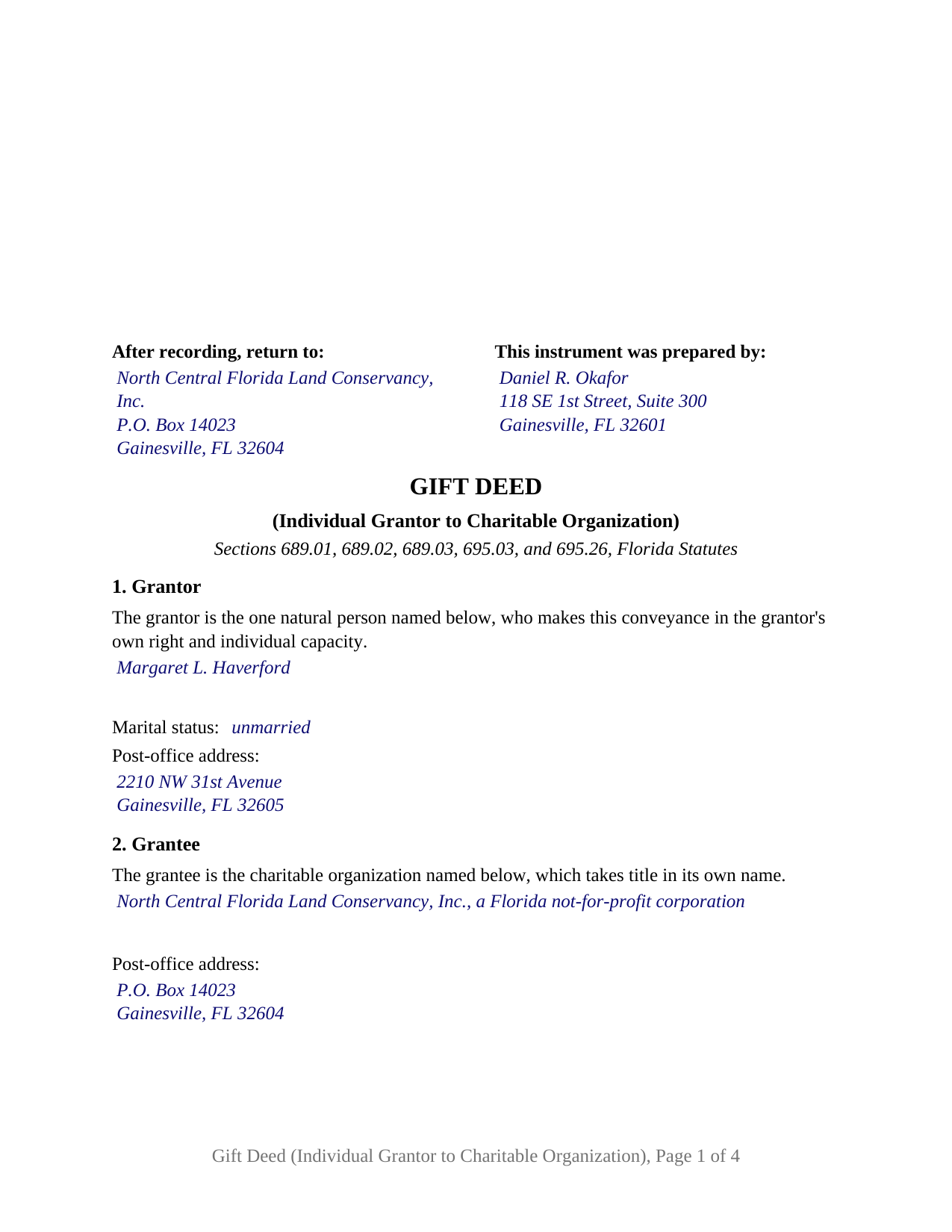 Hardee County Completed Example of the Gift Deed (Individual Grantor to Charitable Organization) Document