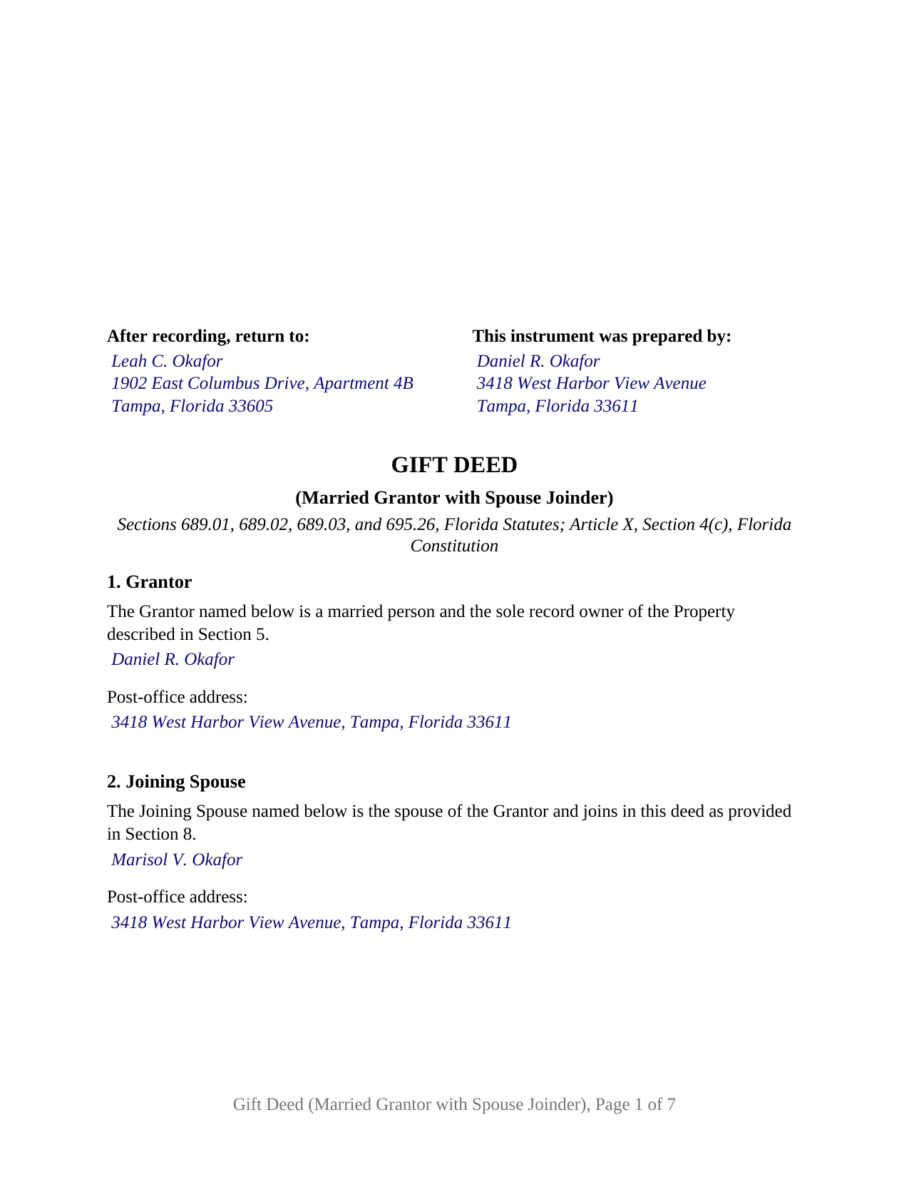 Hardee County Completed Example of the Gift Deed (Married Grantor with Spouse Joinder) Document
