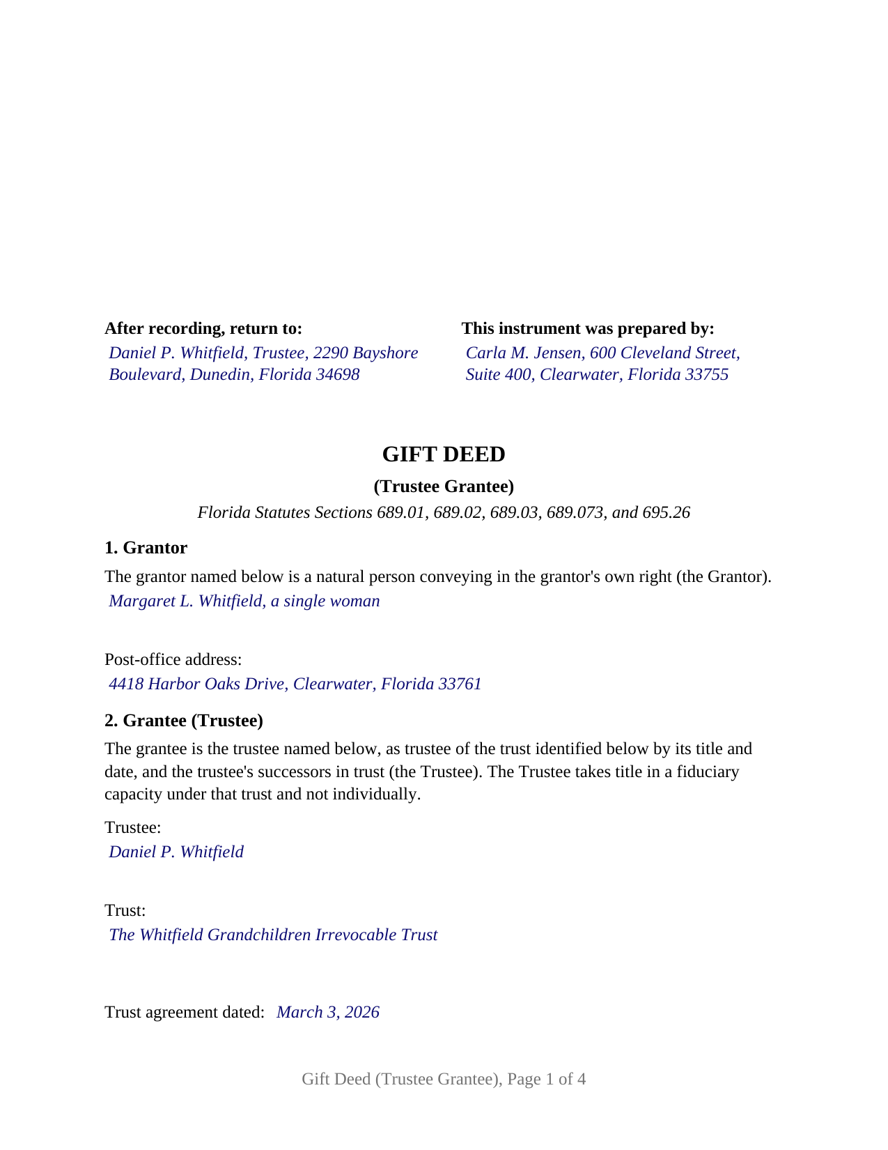 Hardee County Completed Example of the Gift Deed (Trustee Grantee) Document