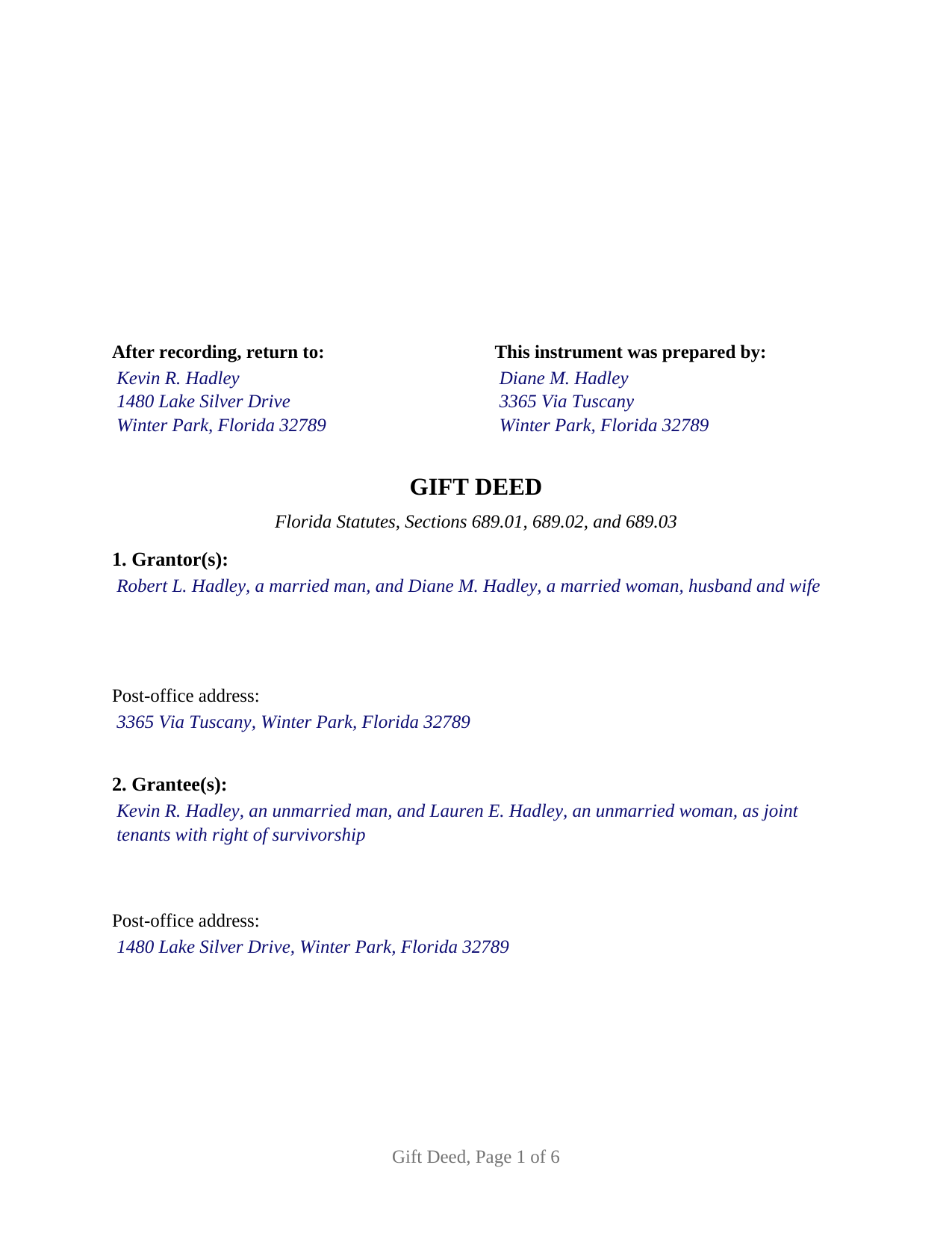 Palm Beach County Completed Example of the Gift Deed Document