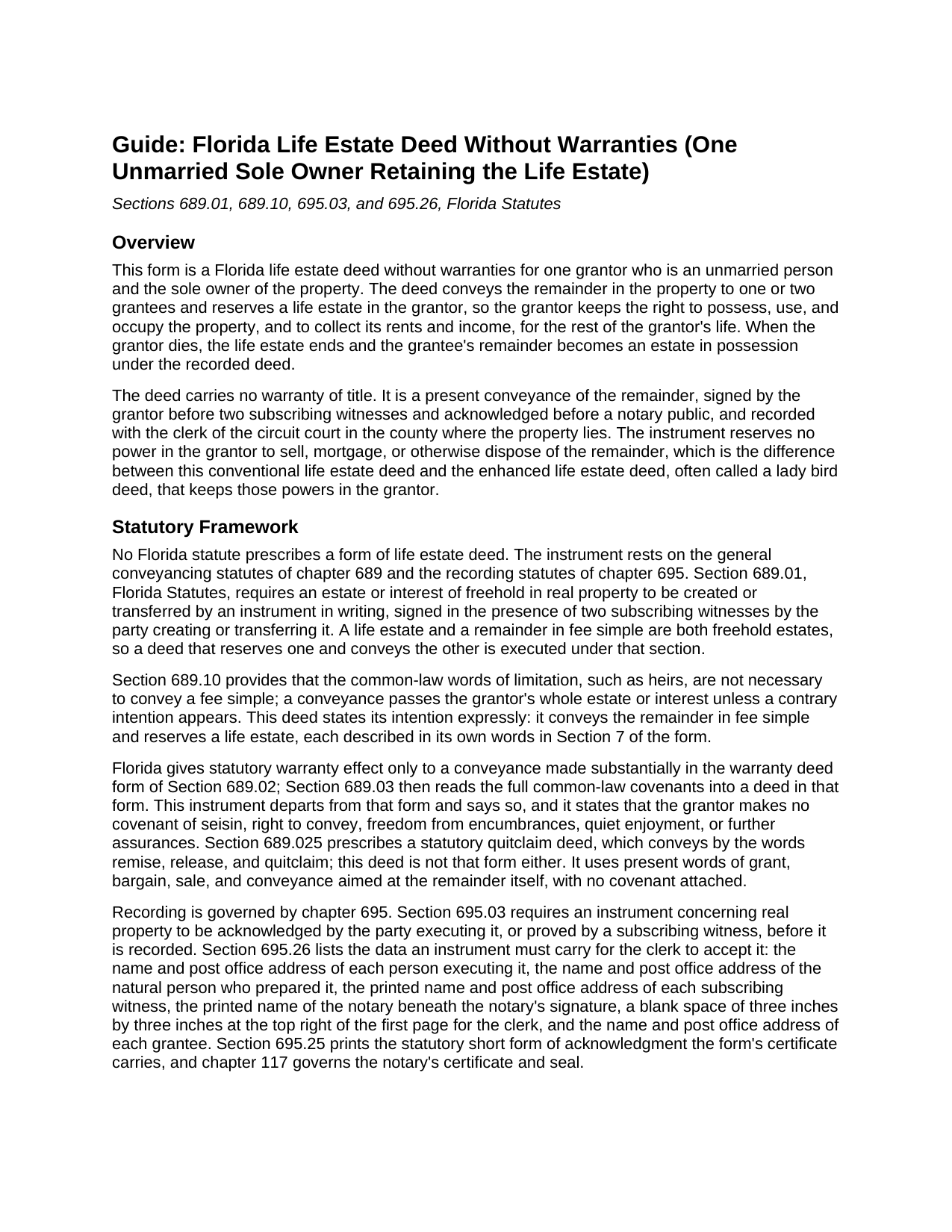 Brevard County Life Estate Deed Without Warranties (One Unmarried Sole Owner Retaining the Life Estate) Guide