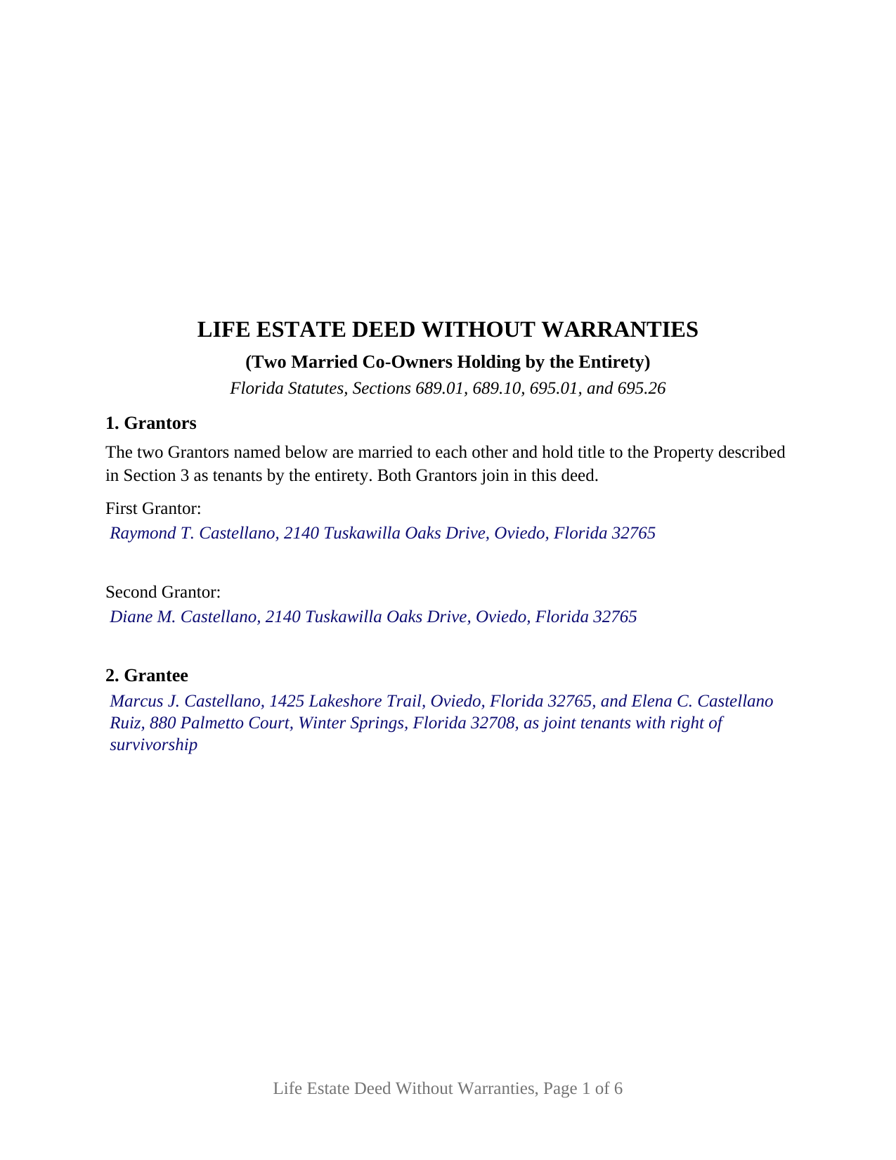 Bradford County Completed Example of the Life Estate Deed Without Warranties (Two Married Co-Owners Holding by the Entirety) Document