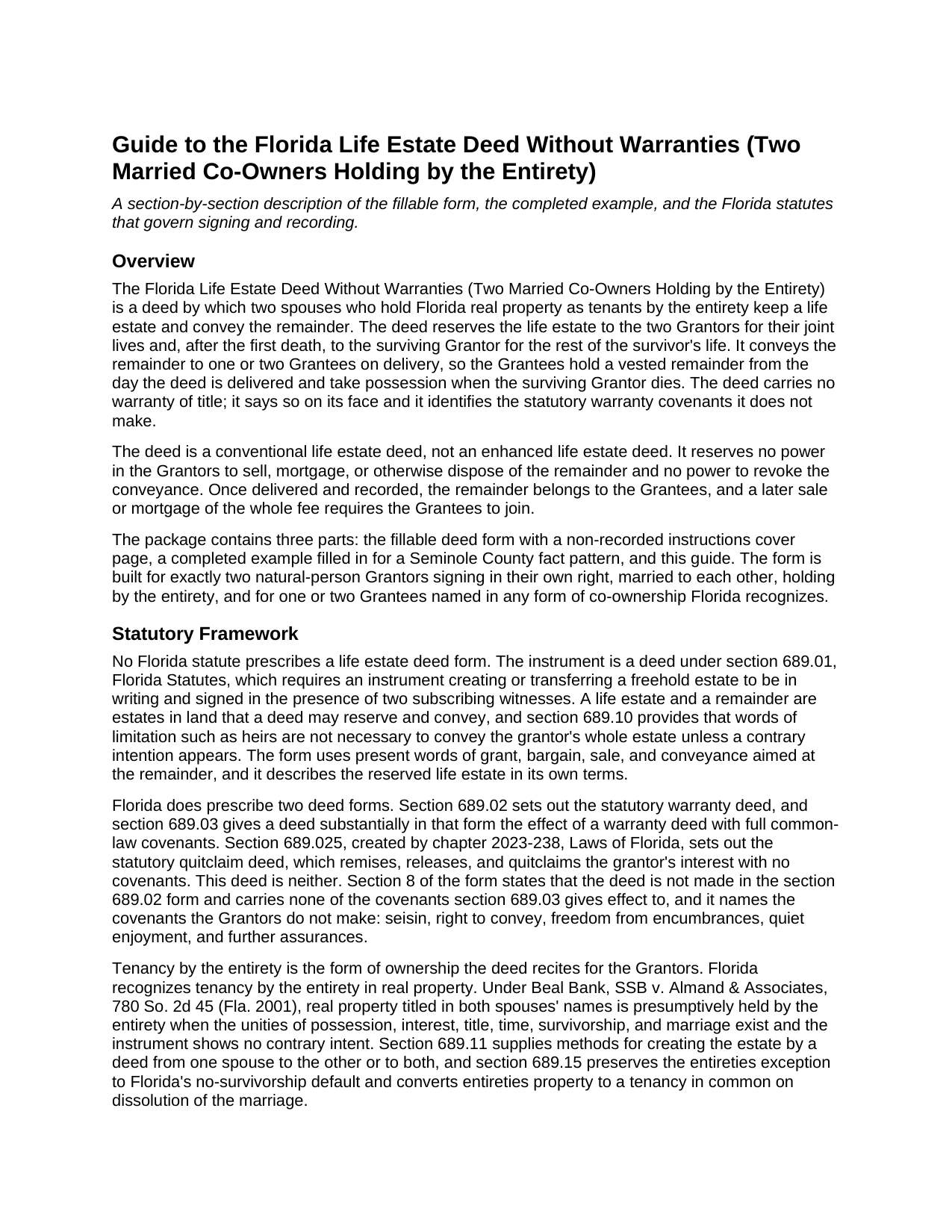 Bradford County Life Estate Deed Without Warranties (Two Married Co-Owners Holding by the Entirety) Guide
