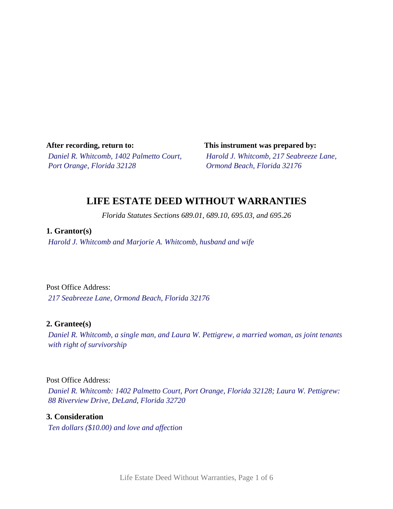 Hillsborough County Completed Example of the Life Estate Deed Without Warranties Document