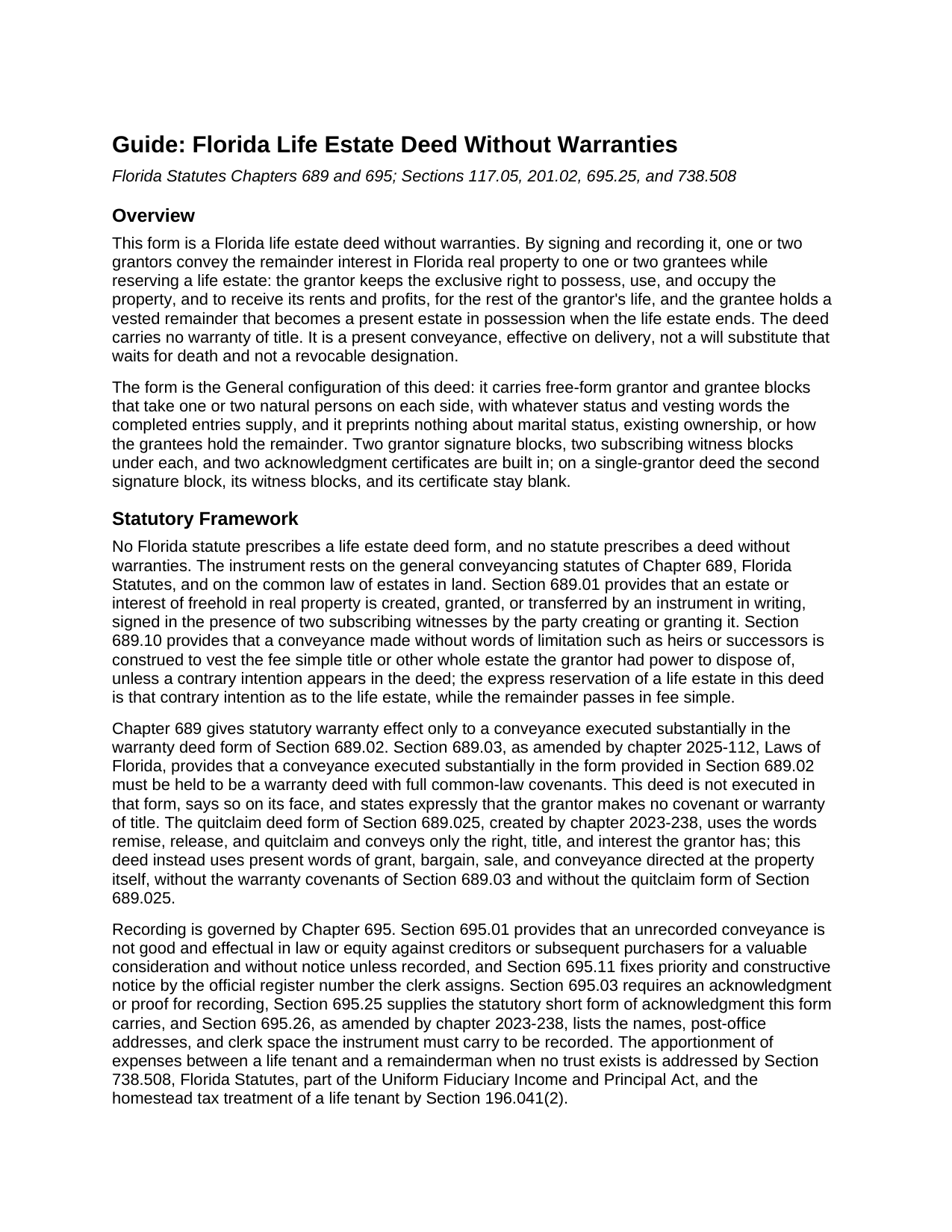Hillsborough County Life Estate Deed Without Warranties Guide