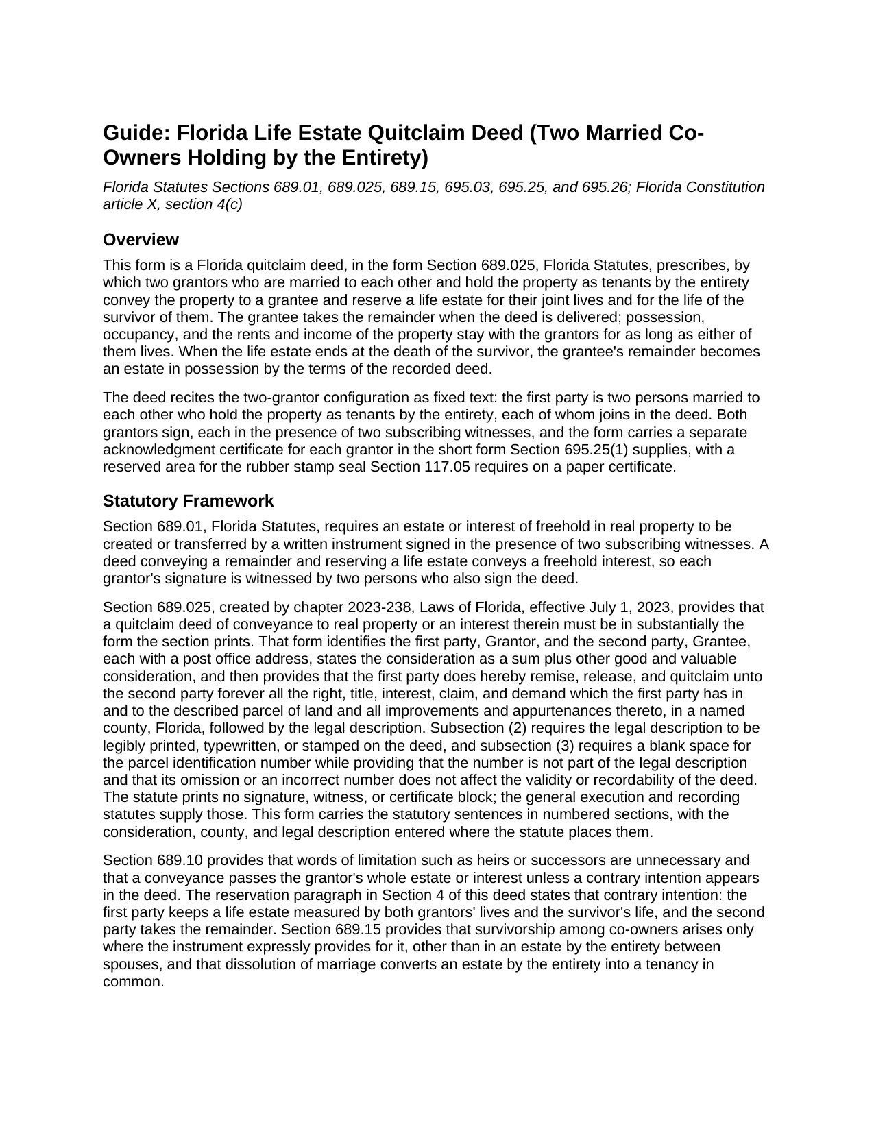 Brevard County Life Estate Quitclaim Deed (Two Married Co-Owners Holding by the Entirety) Guide