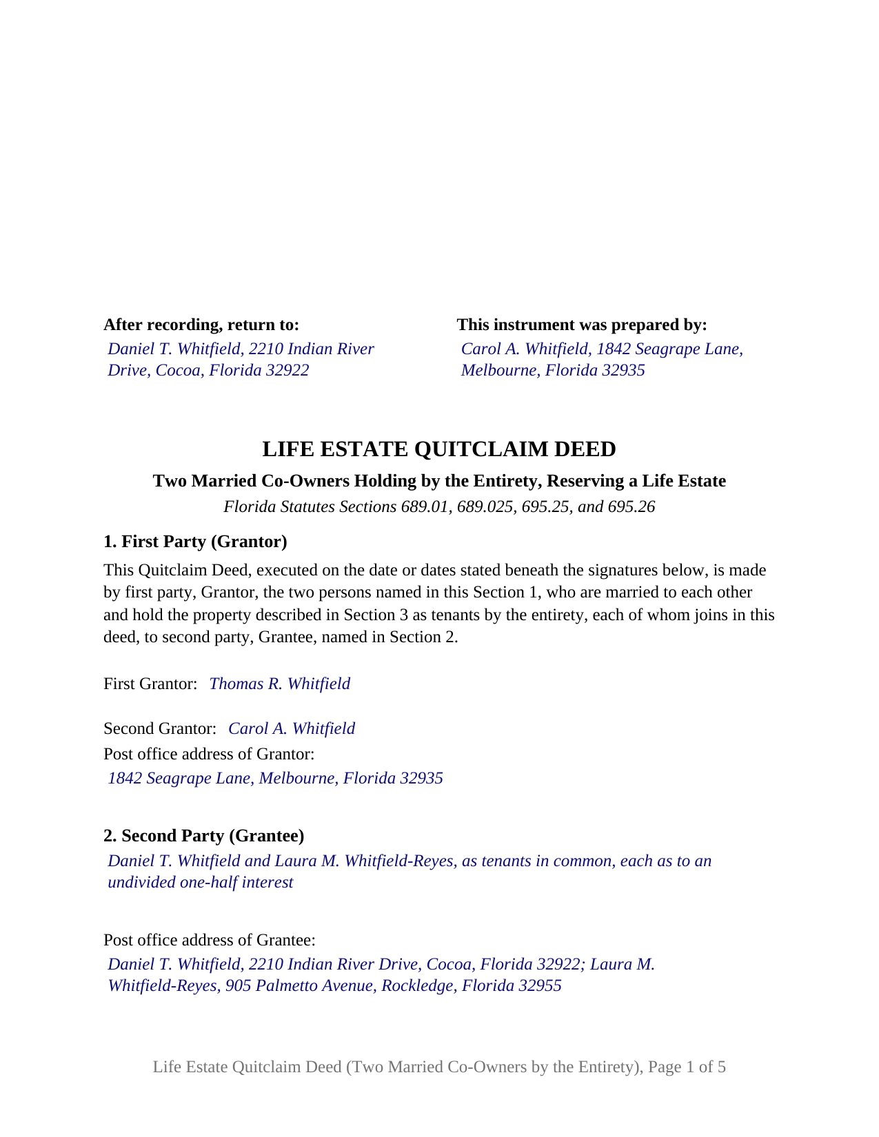 Brevard County Completed Example of the Life Estate Quitclaim Deed (Two Married Co-Owners Holding by the Entirety) Document