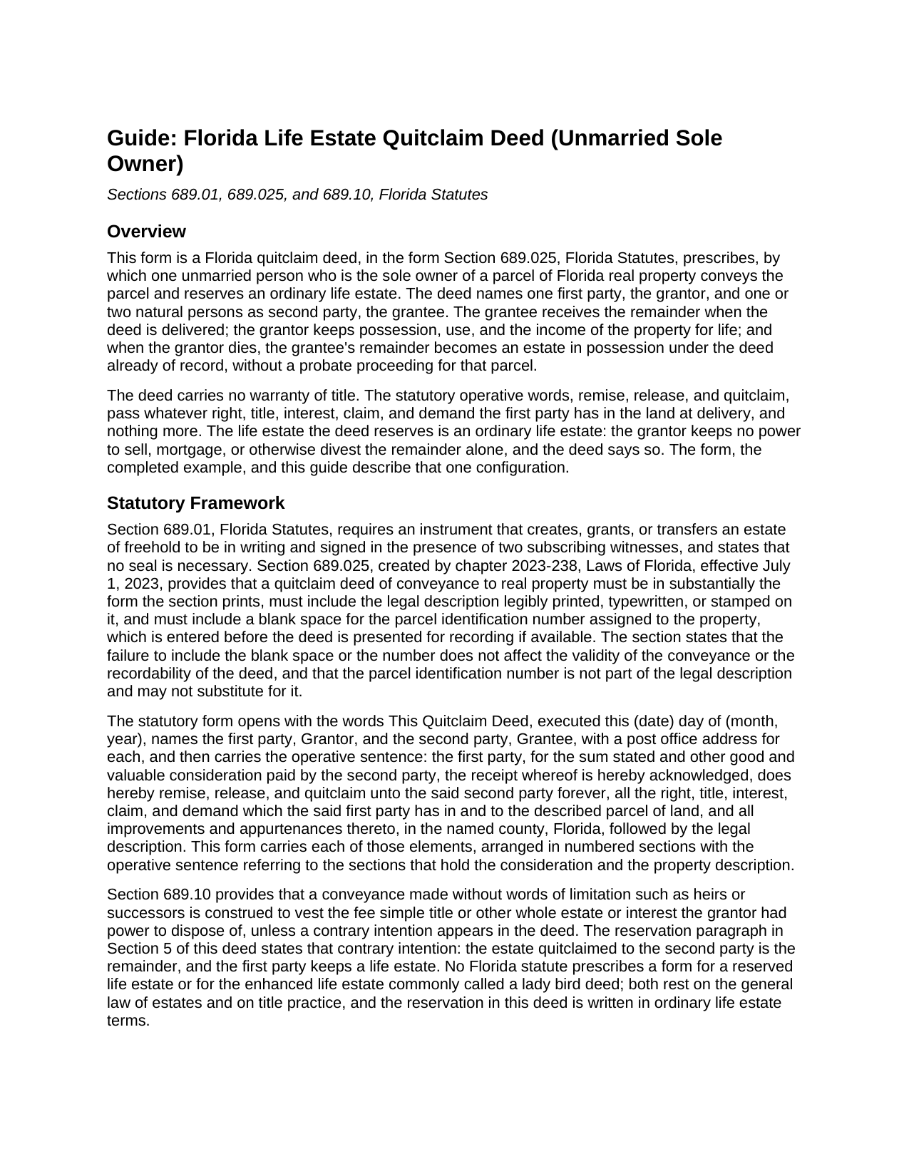 Seminole County Life Estate Quitclaim Deed (Unmarried Sole Owner) Guide