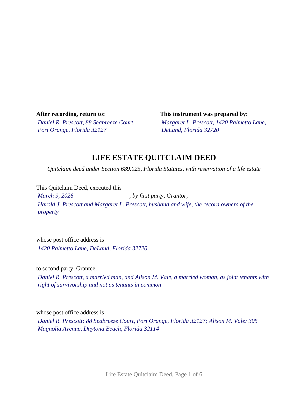 Lafayette County Completed Example of the Life Estate Quitclaim Deed Document