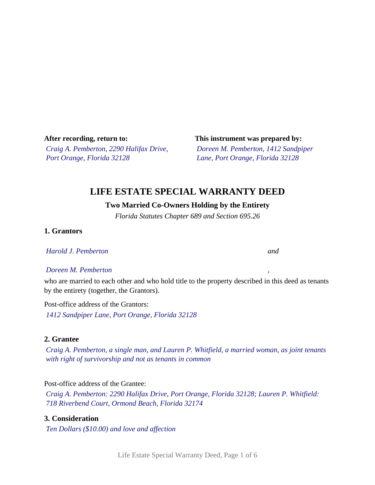 Madison County Completed Example of the Life Estate Special Warranty Deed (Two Married Co-Owners Holding by the Entirety) Document