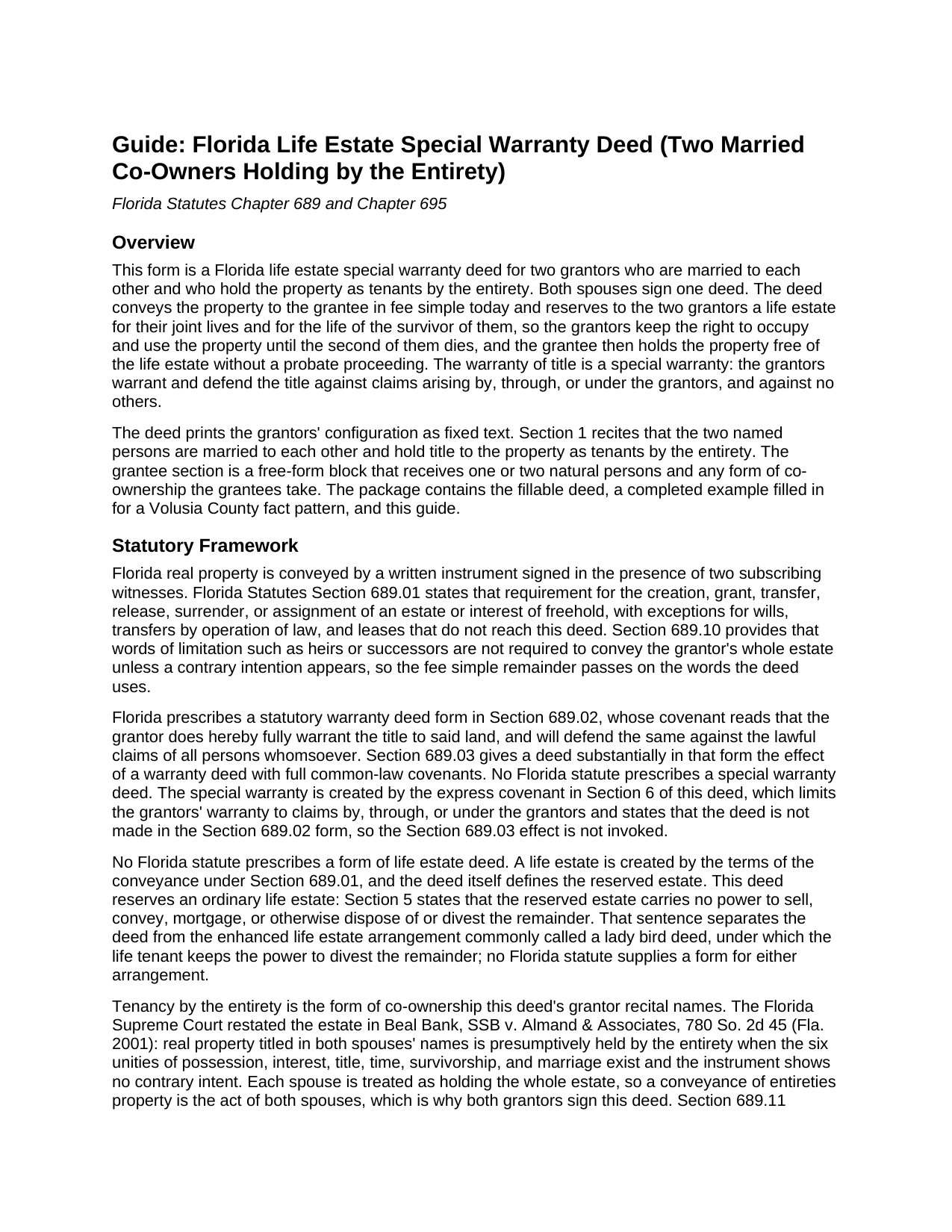 Madison County Life Estate Special Warranty Deed (Two Married Co-Owners Holding by the Entirety) Guide