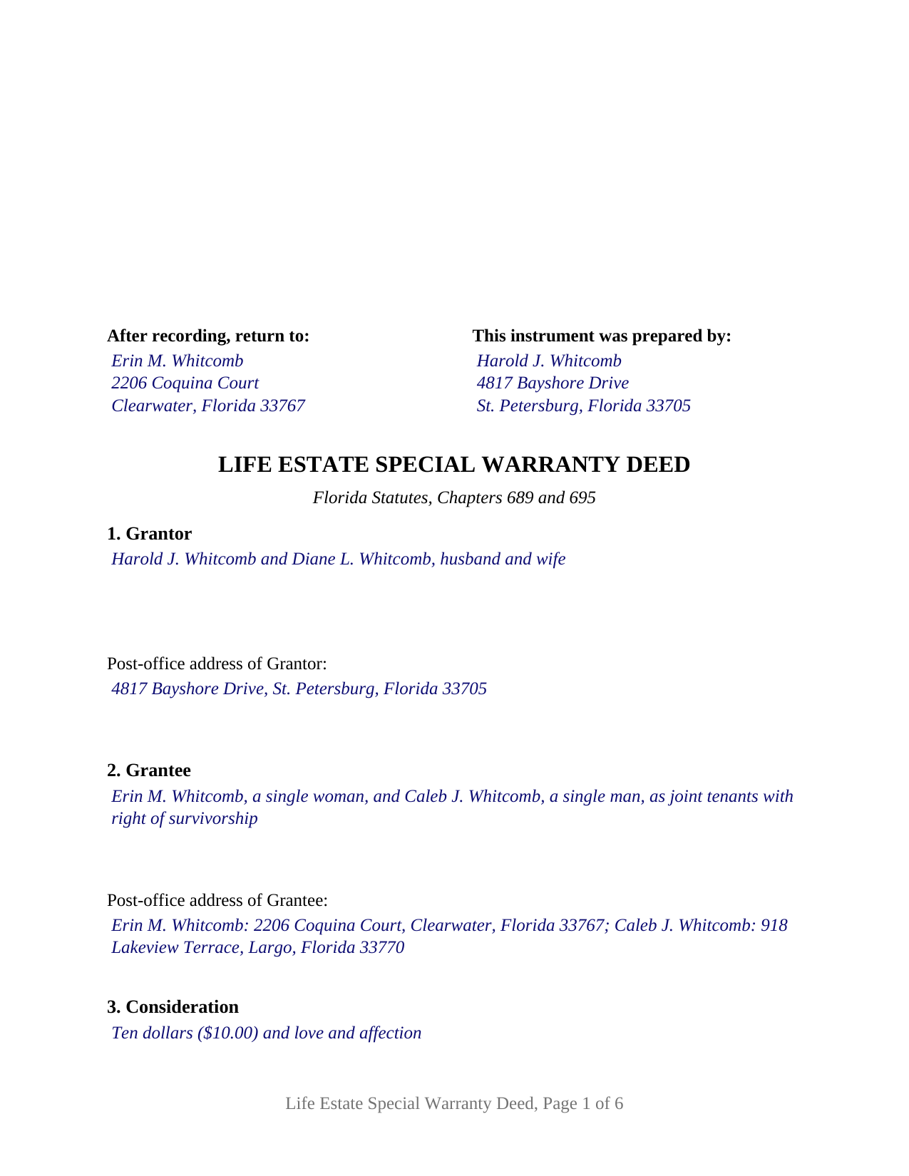 Putnam County Completed Example of the Life Estate Special Warranty Deed Document