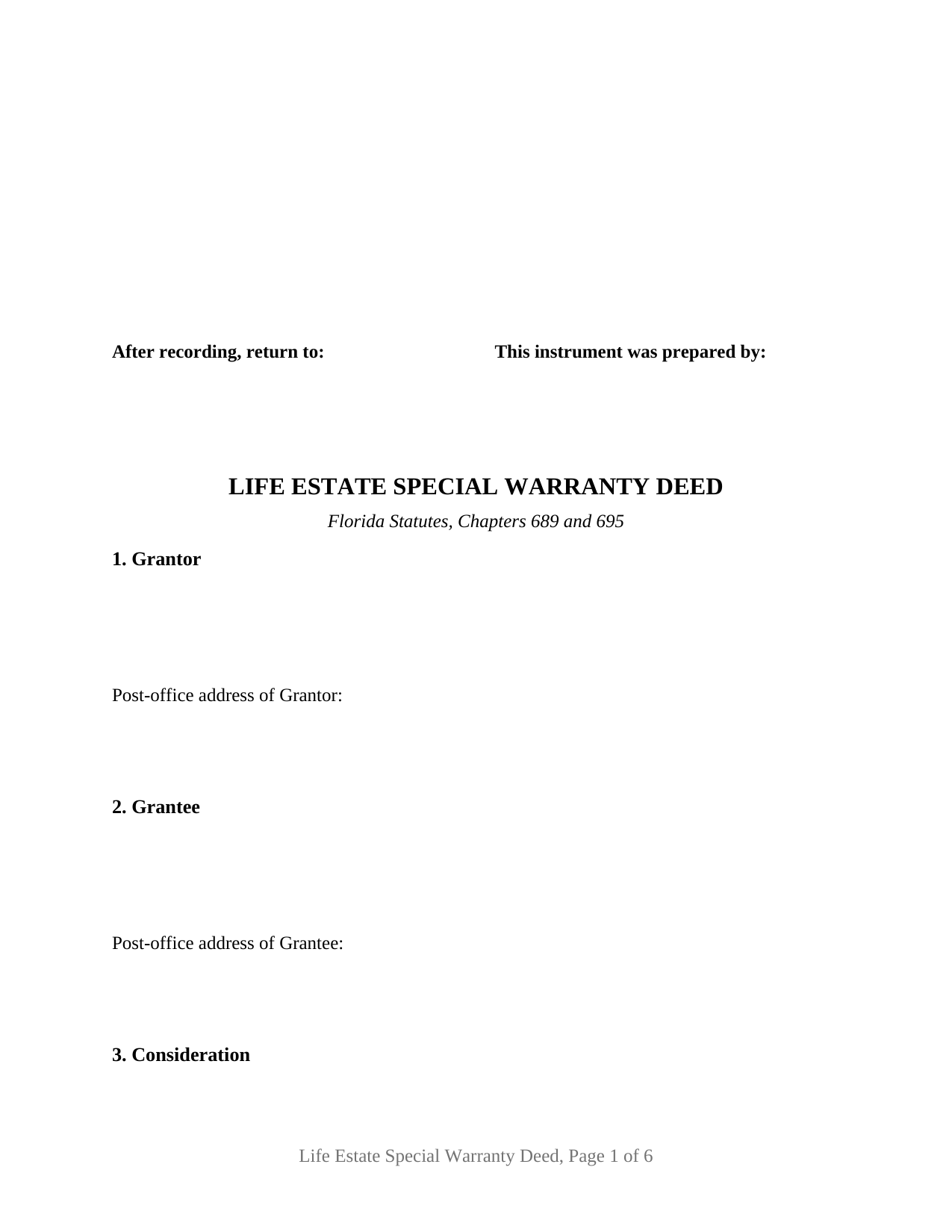 Putnam County Life Estate Special Warranty Deed Form