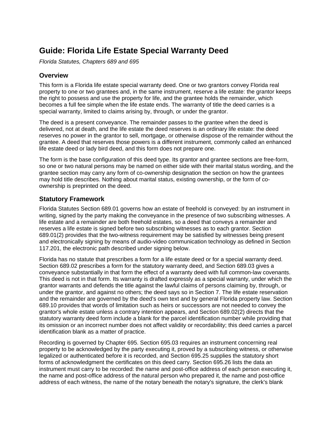 Putnam County Life Estate Special Warranty Deed Guide