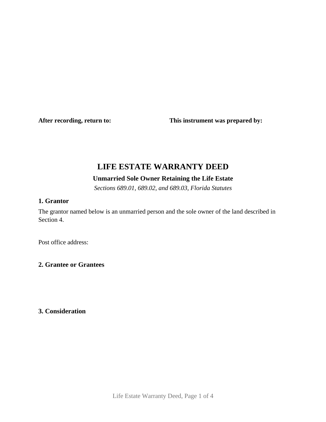 Lafayette County Life Estate Warranty Deed (Unmarried Sole Owner Retaining the Life Estate) Form